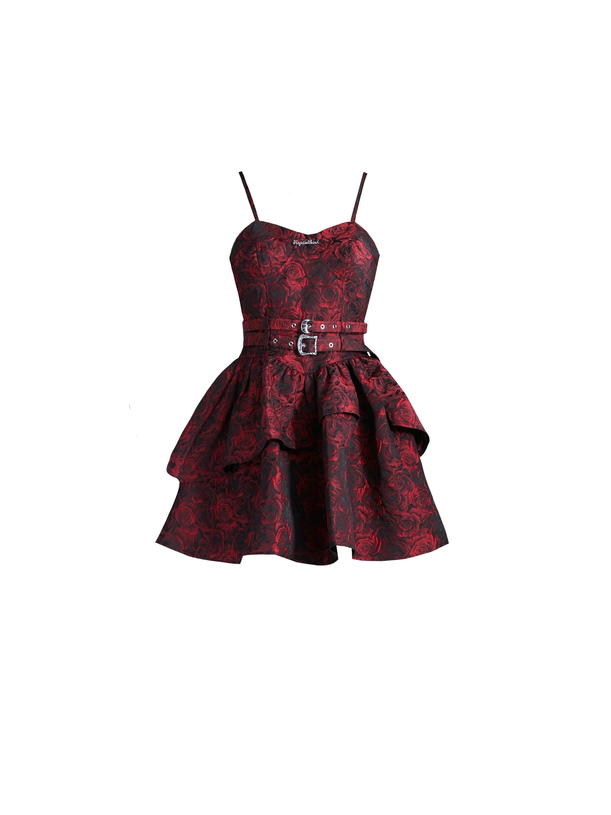 Luxe Burgundy Floral Brocade Mini Dress with Belted Waist