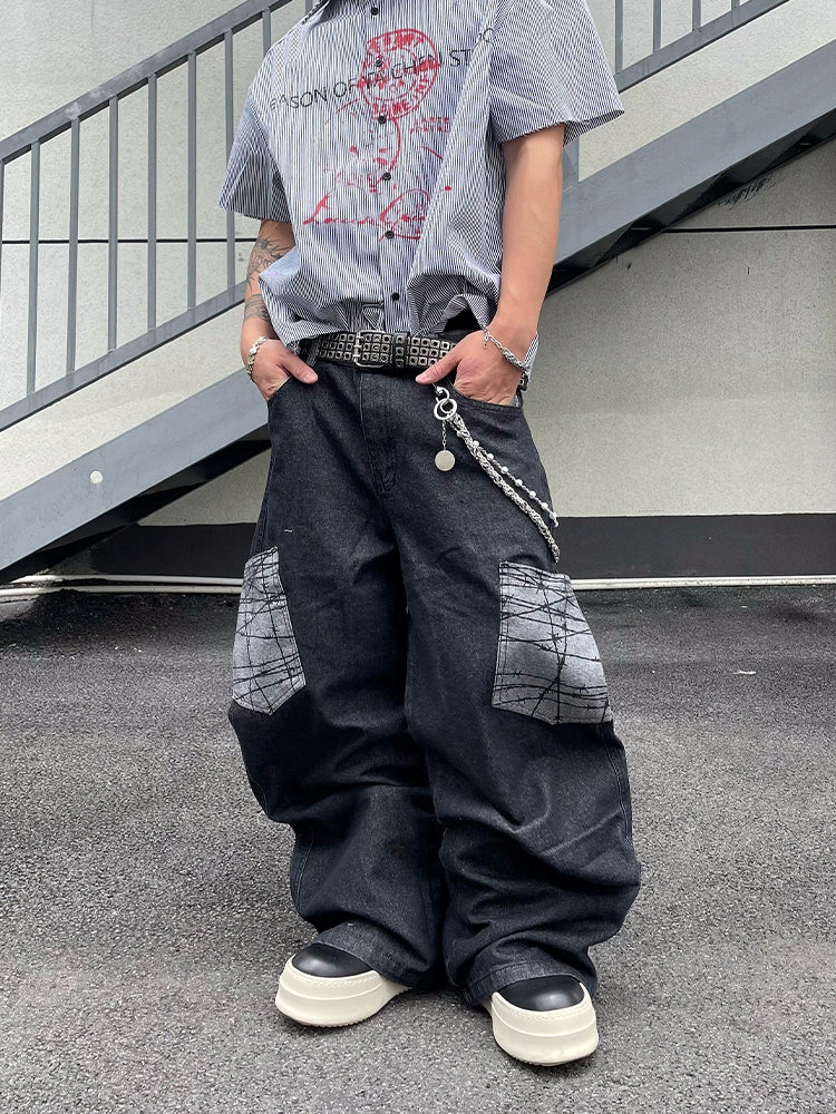 Abstract Patchwork Pocket Wide-Leg Jeans