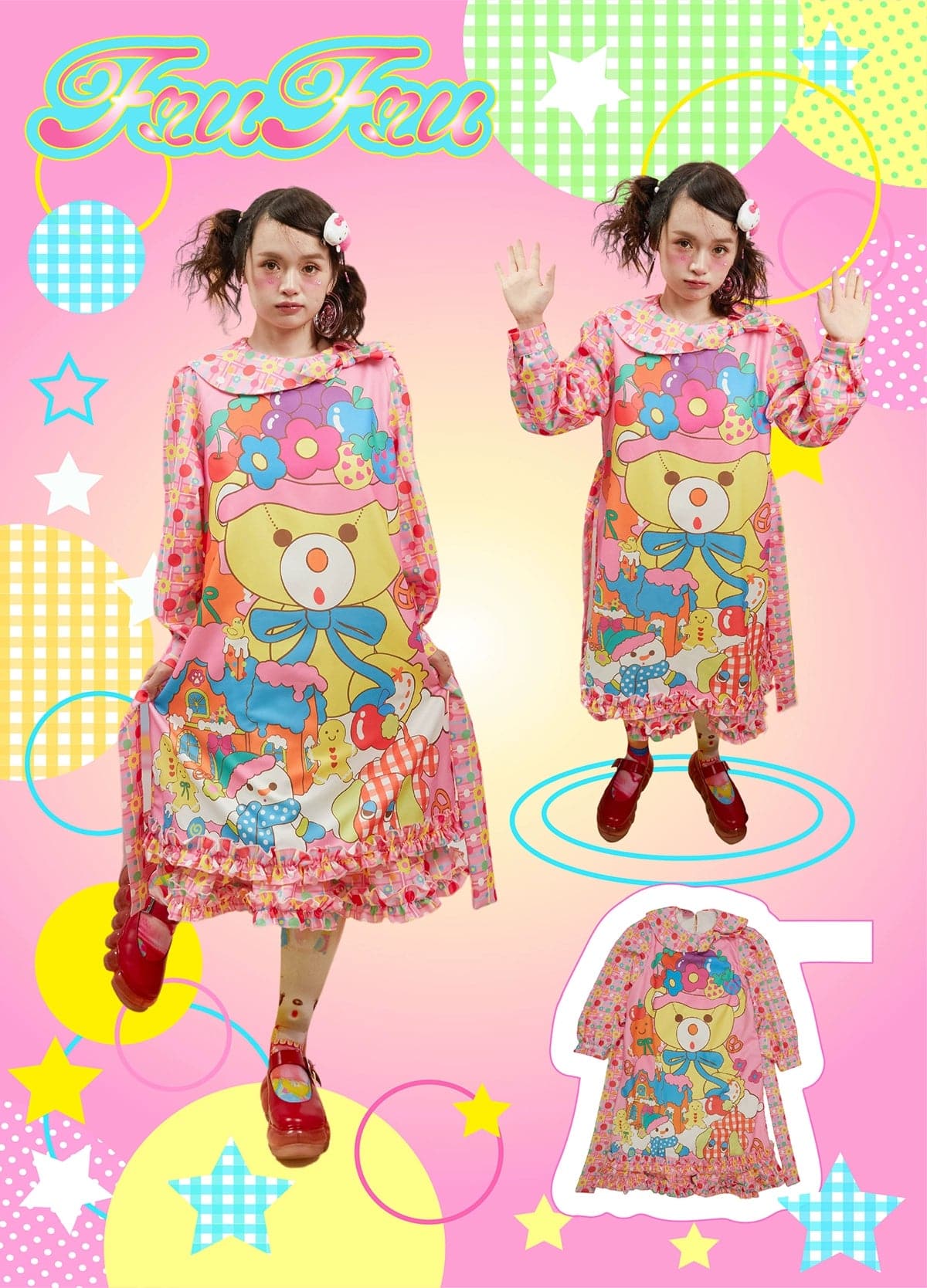 Doll Collar Pink Dress With Cute Bear Print - chiclara