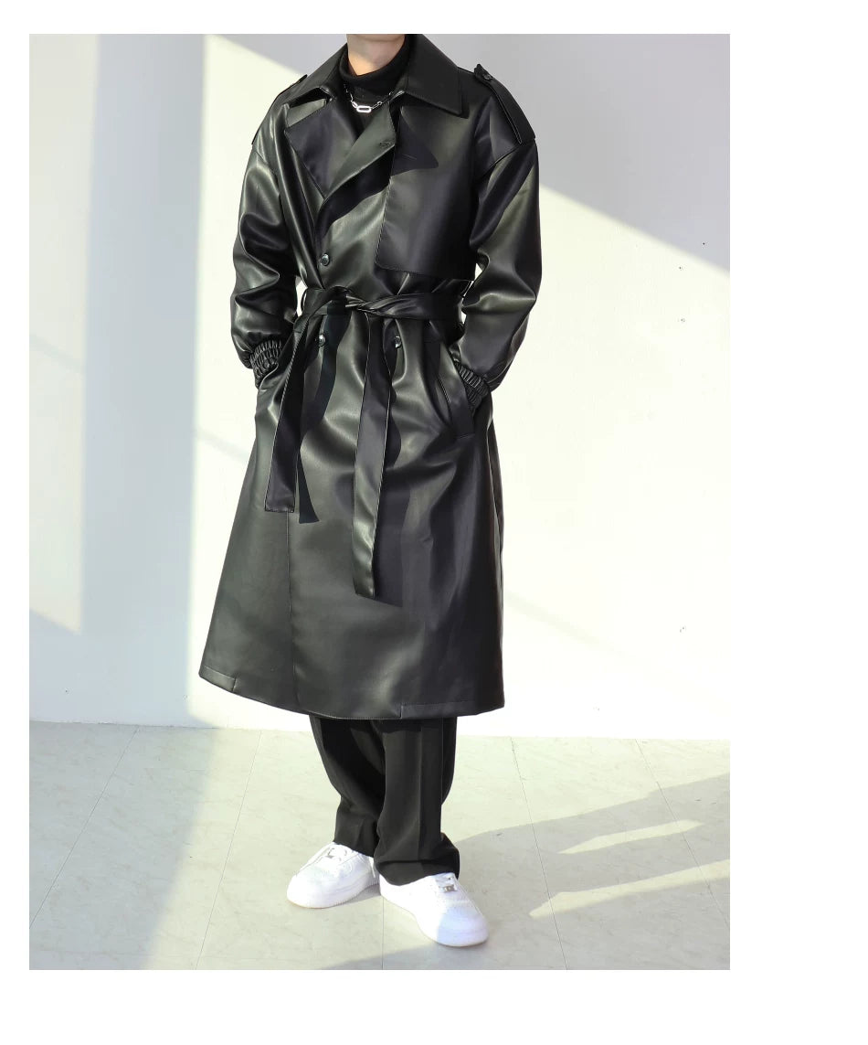 Noir Eclipse Belted Faux Leather Trench Coat