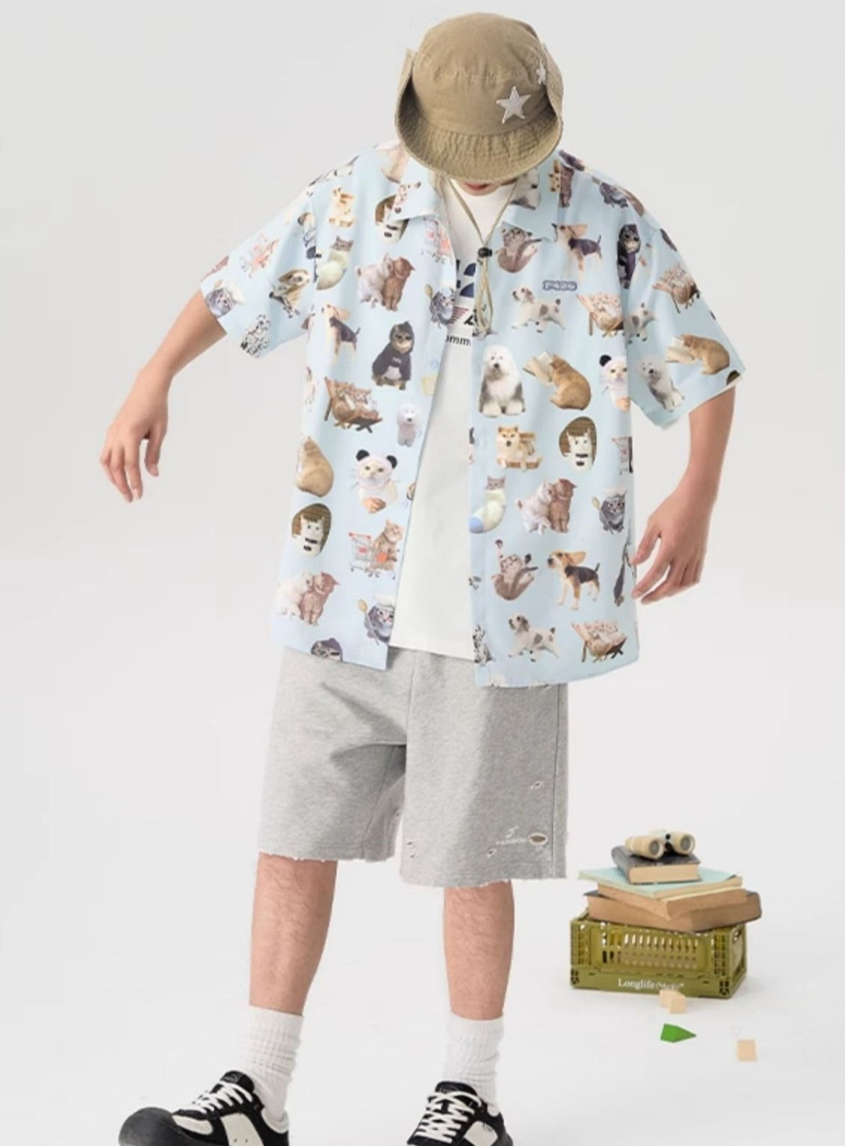 Fun Spoof Cat and Dog Print Shirt - chiclara
