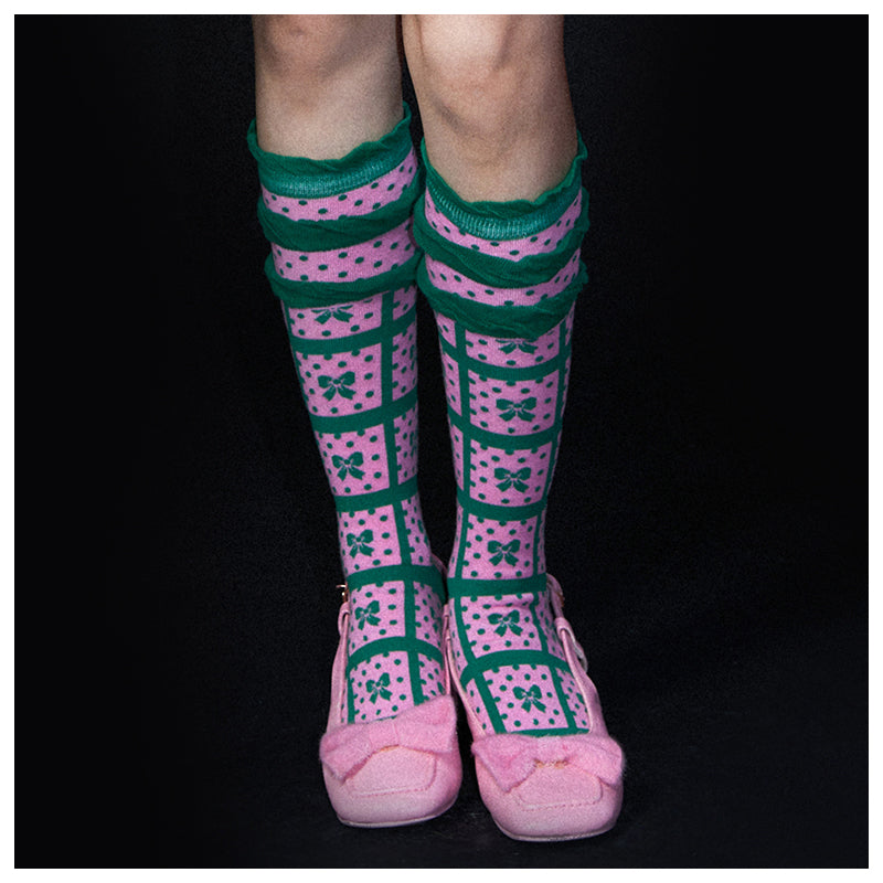 Polka Dot Bow Grid Knee Socks