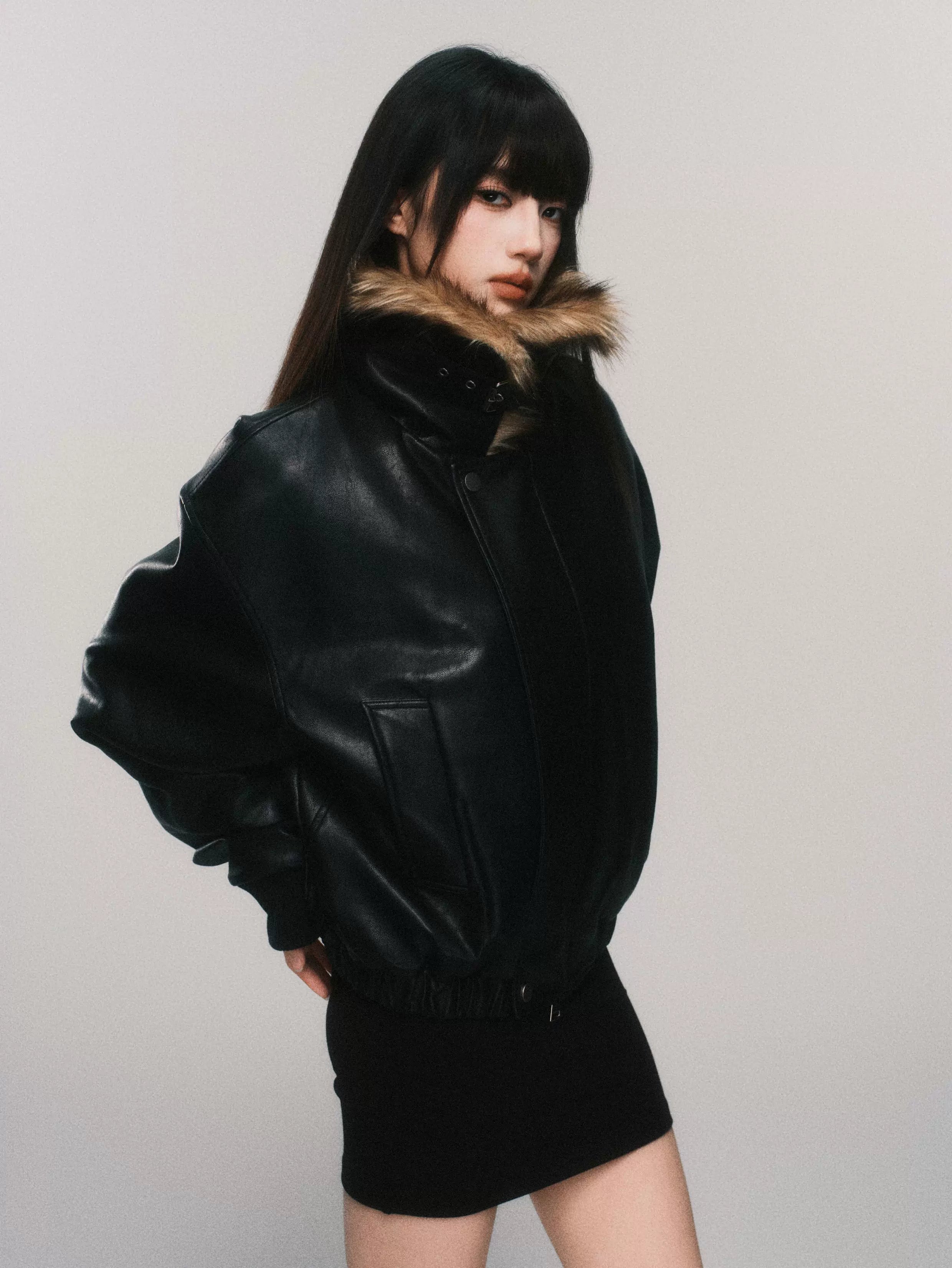 Midnight Aviator Faux‑Fur Bomber Jacket