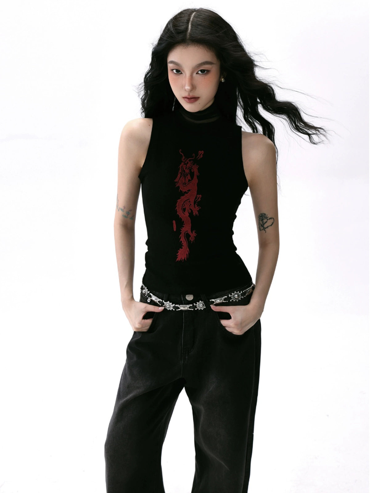 Dragon Pattern Mesh Turtleneck Sleeveless Fitted T-shirt