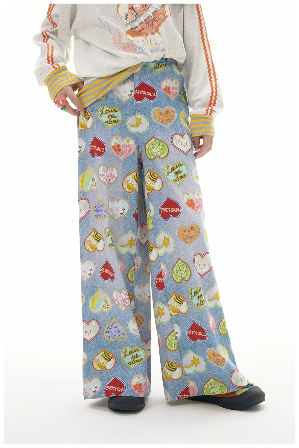 Cute Heart Print Wide Leg Pants