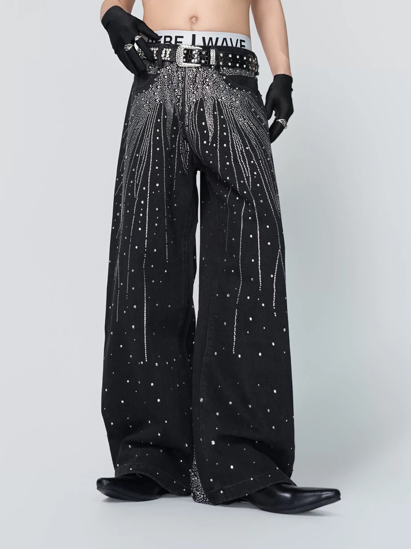 Starlit Cascade Rhinestone Wide-Leg Jeans