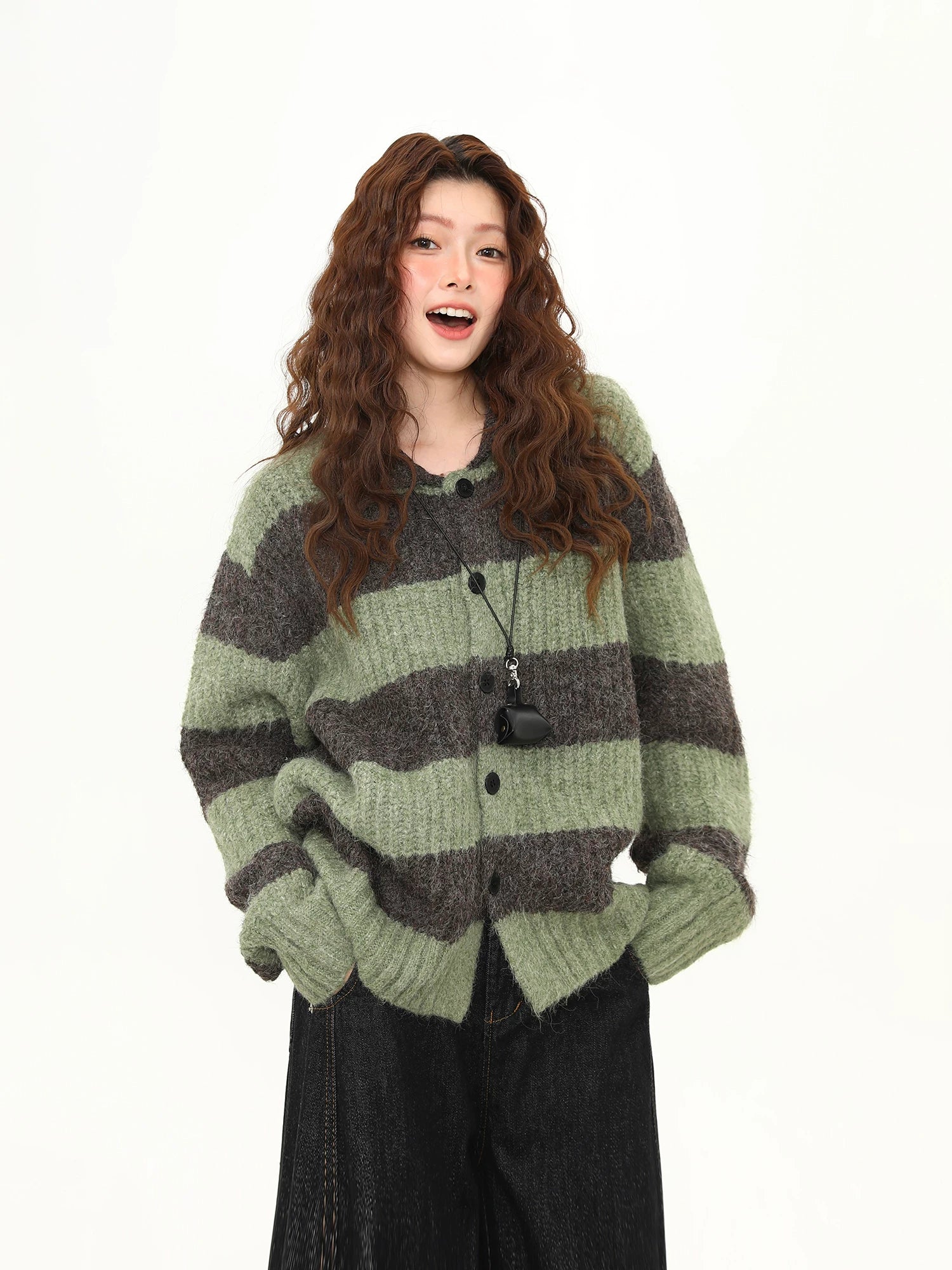 Midnight Haze Wide-Stripe Fuzzy Cardigan
