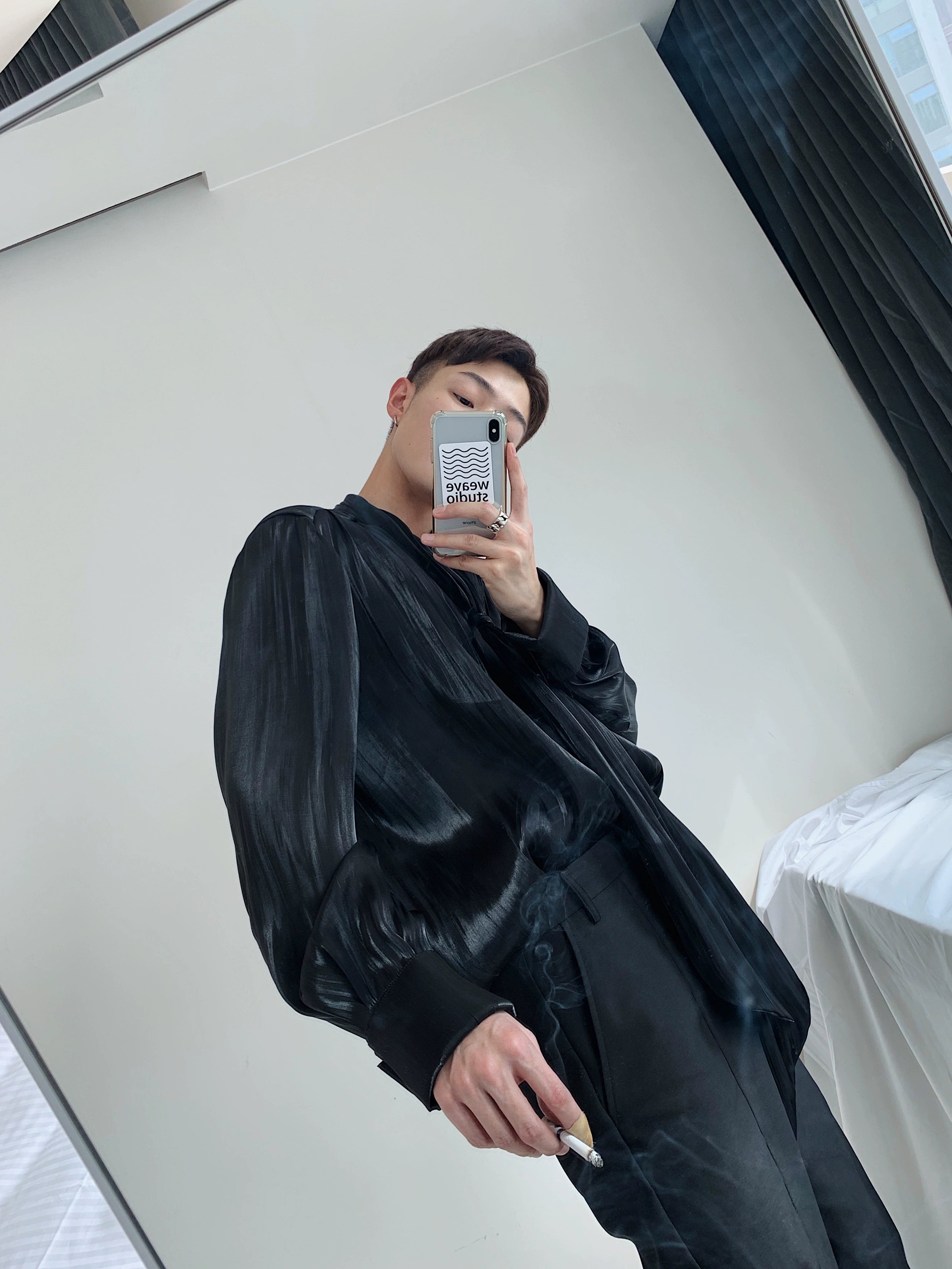 Black Draped Satin Wrap Blouse Top