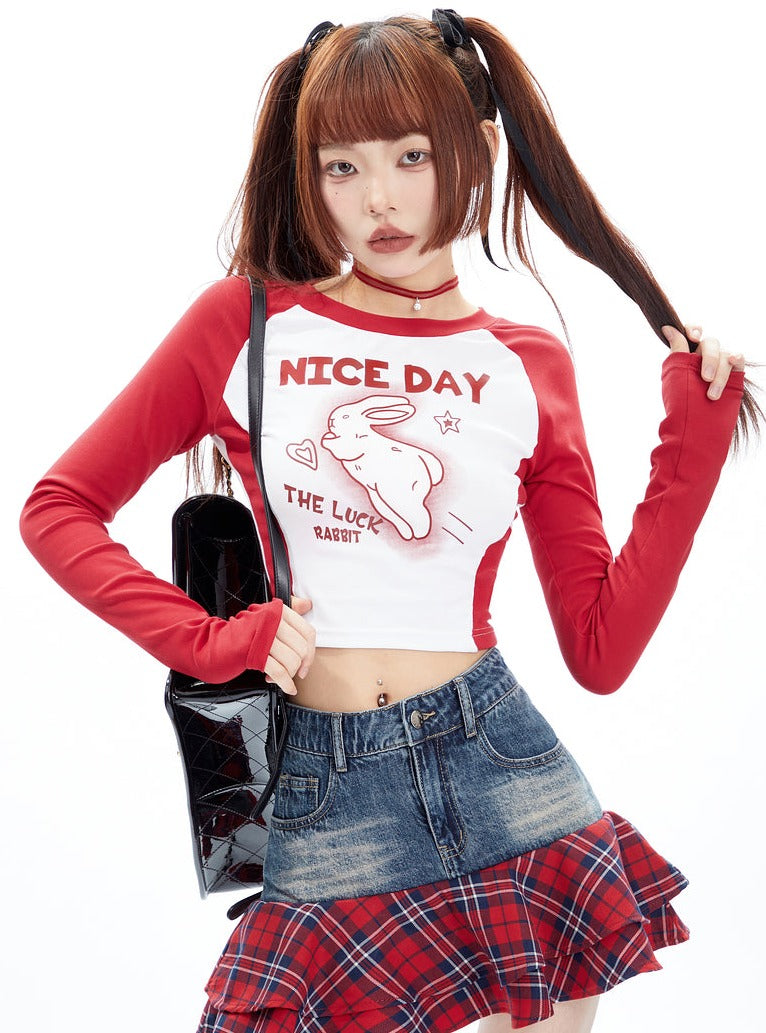 Nice Day Lucky Rabbit Raglan Crop Tee