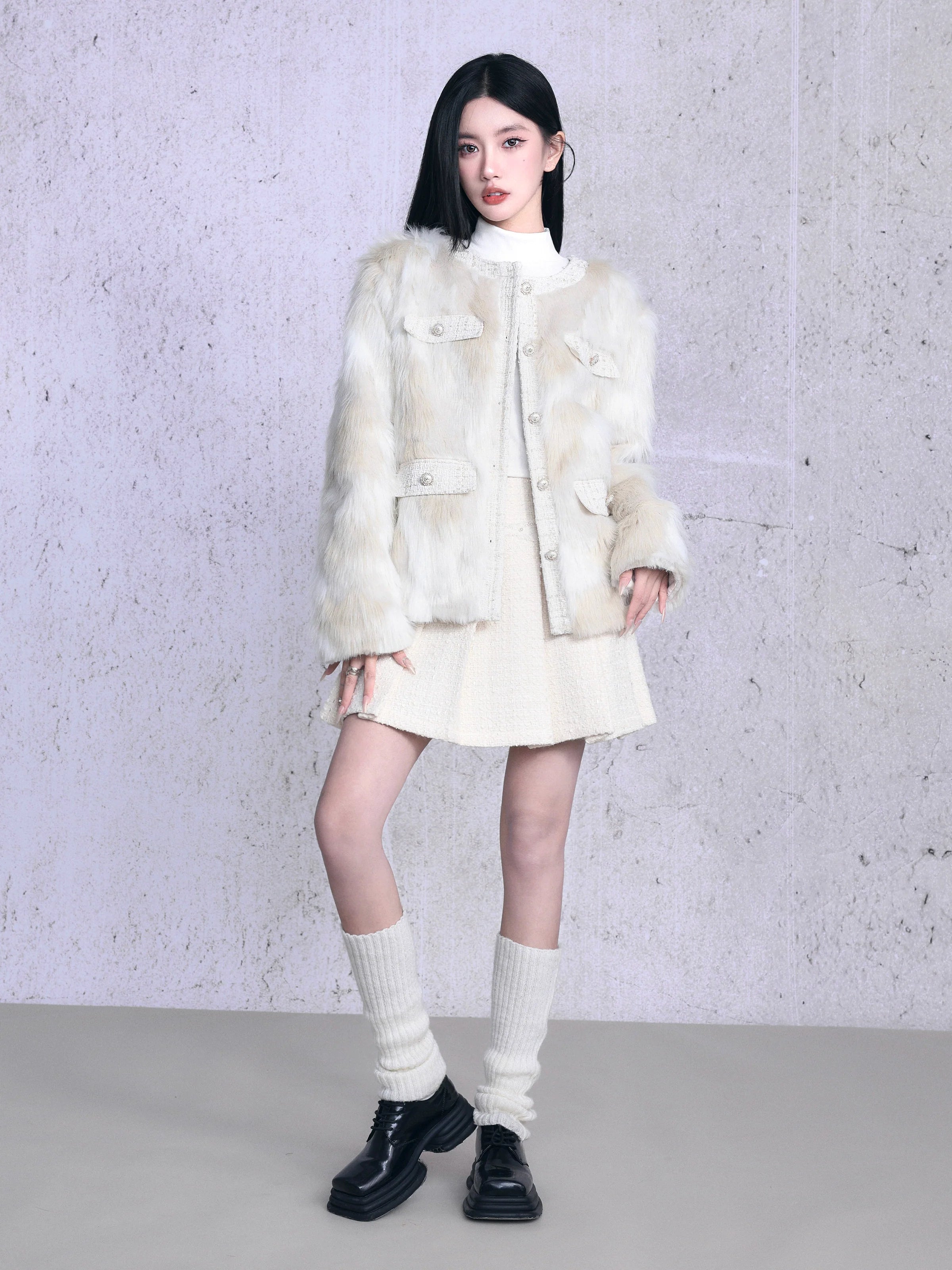 Luxe Faux Fur Collarless Jacket with Multi-Pocket Detail - Winter White