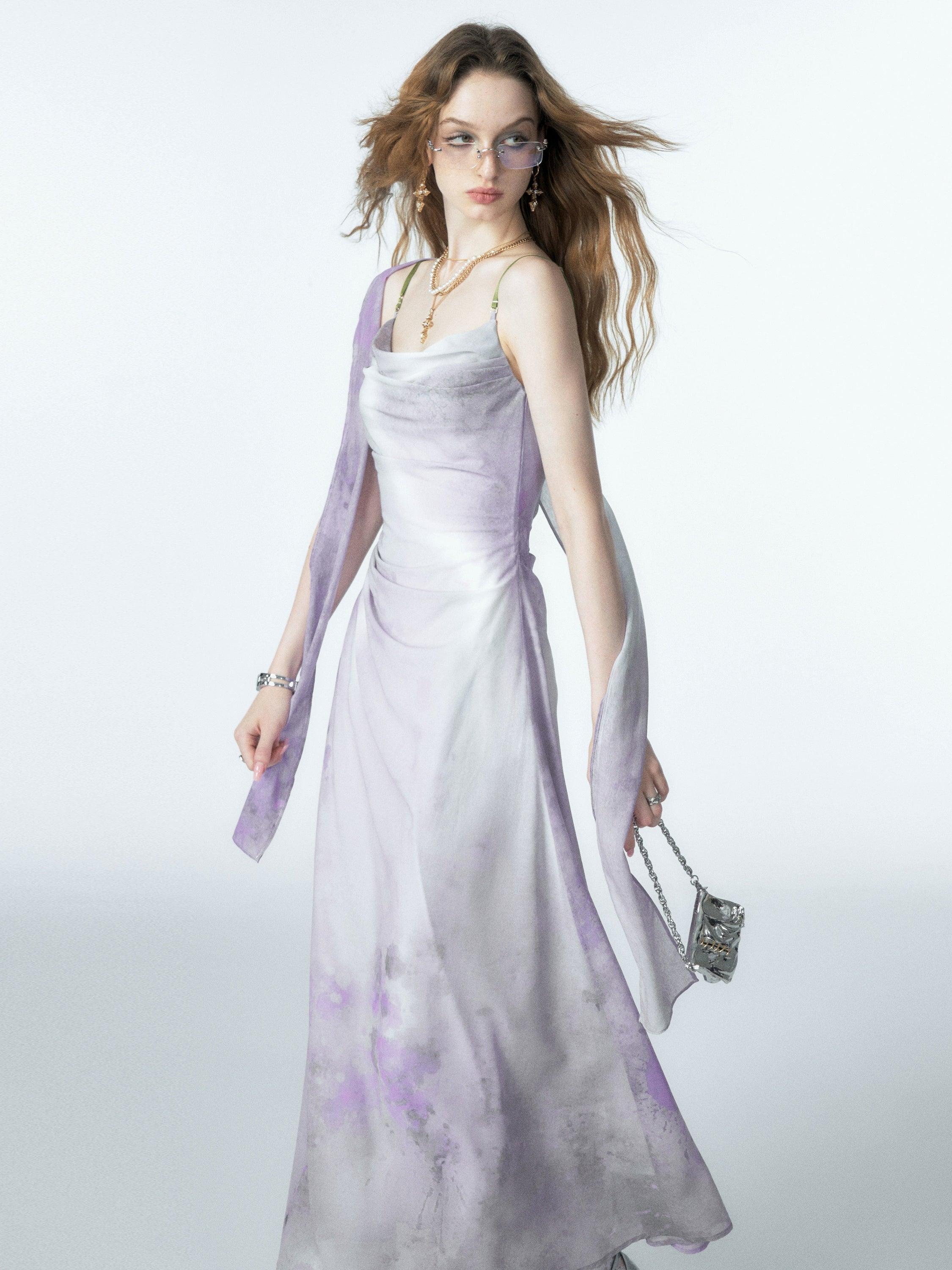 Of Akiva Ethereal Watercolor Maxi Dress - Women'S Spaghetti Strap A-Line Gown With Asymmetric Scarf Detail