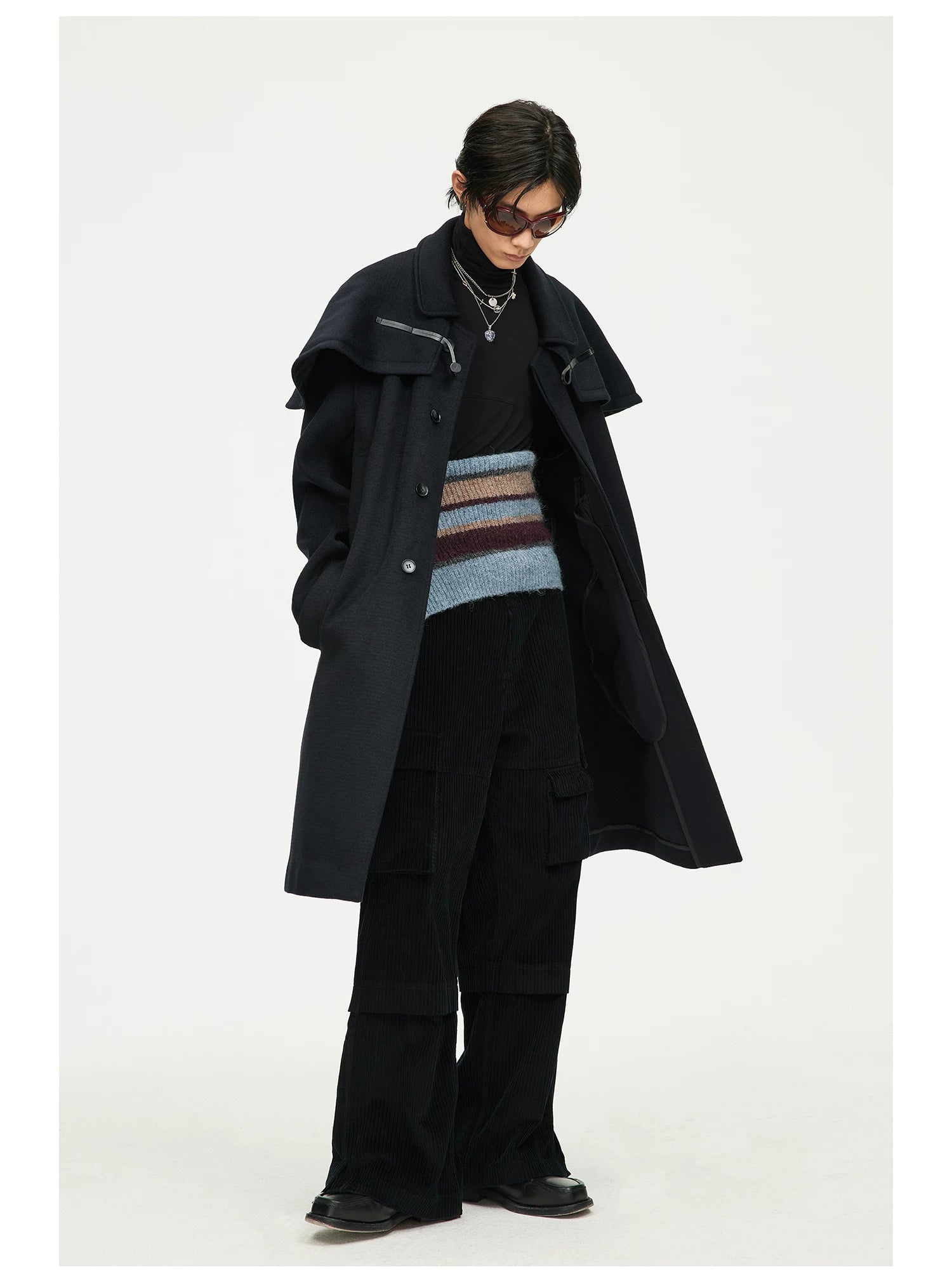Black Cape-Detail Long Coat