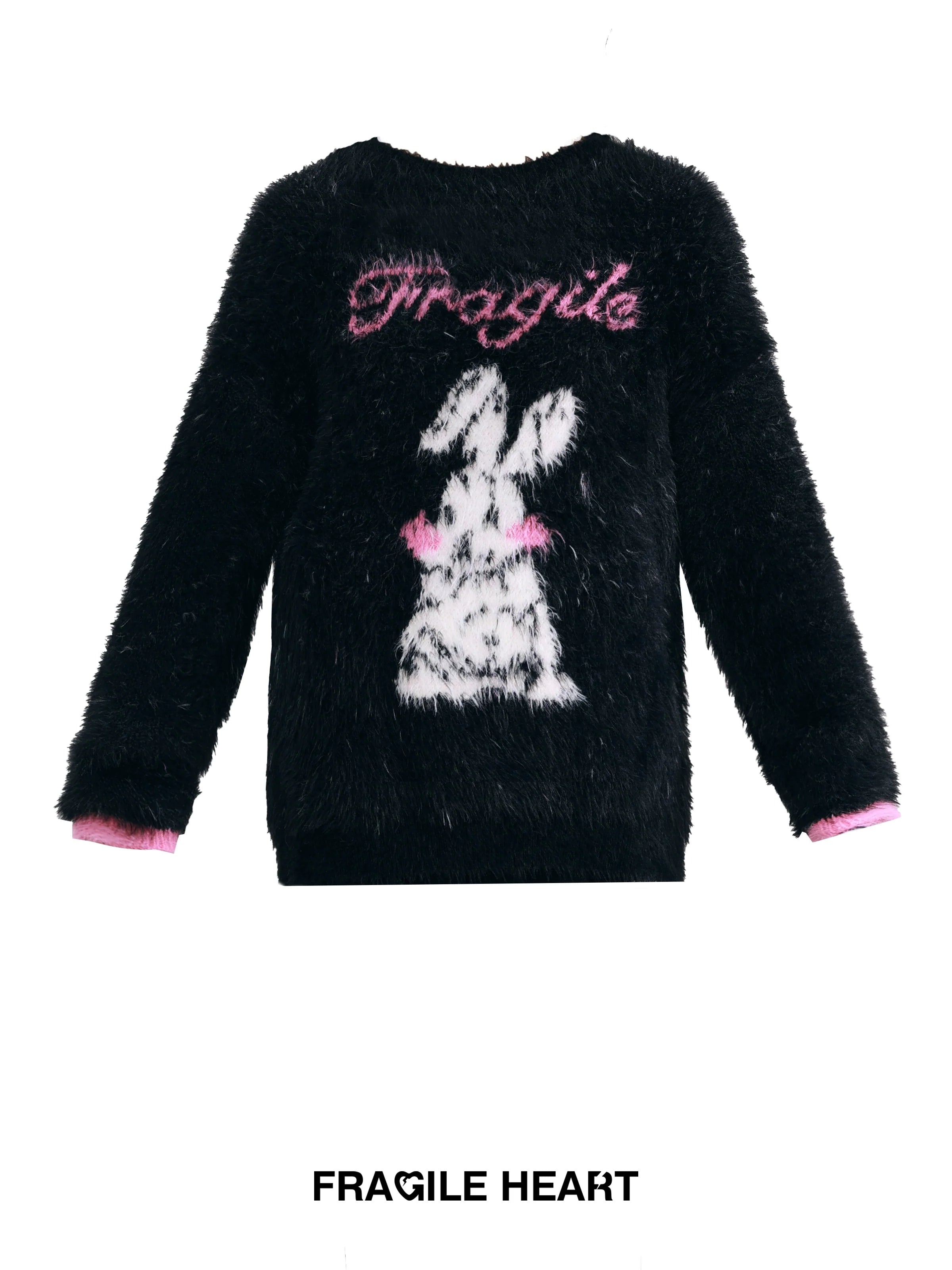 Fuzzy Bunny 'Fragile Heart' Sweater - Black and Pink Fluffy Graphic Jumper