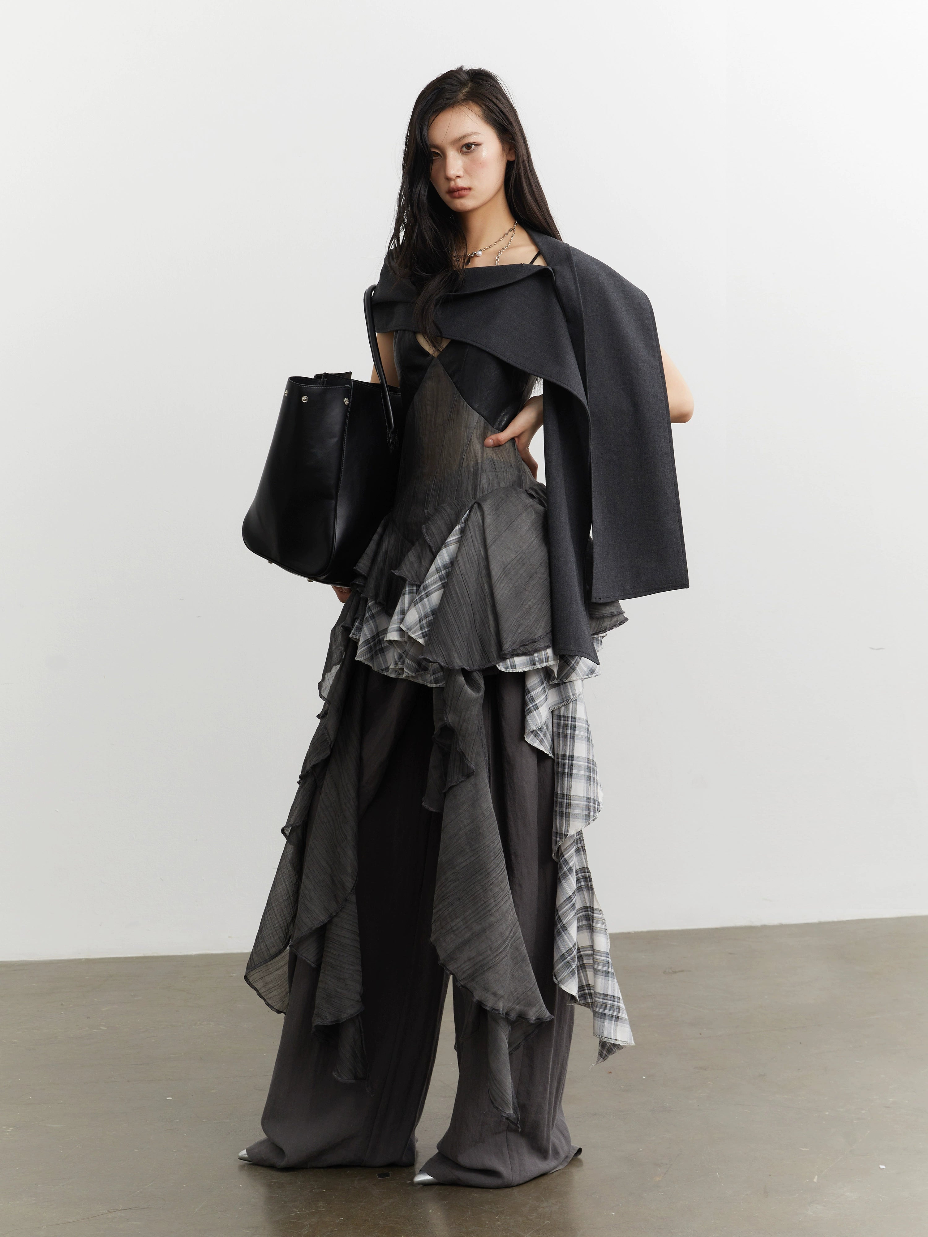 Noir Plaid Ruffle Cascade Dress