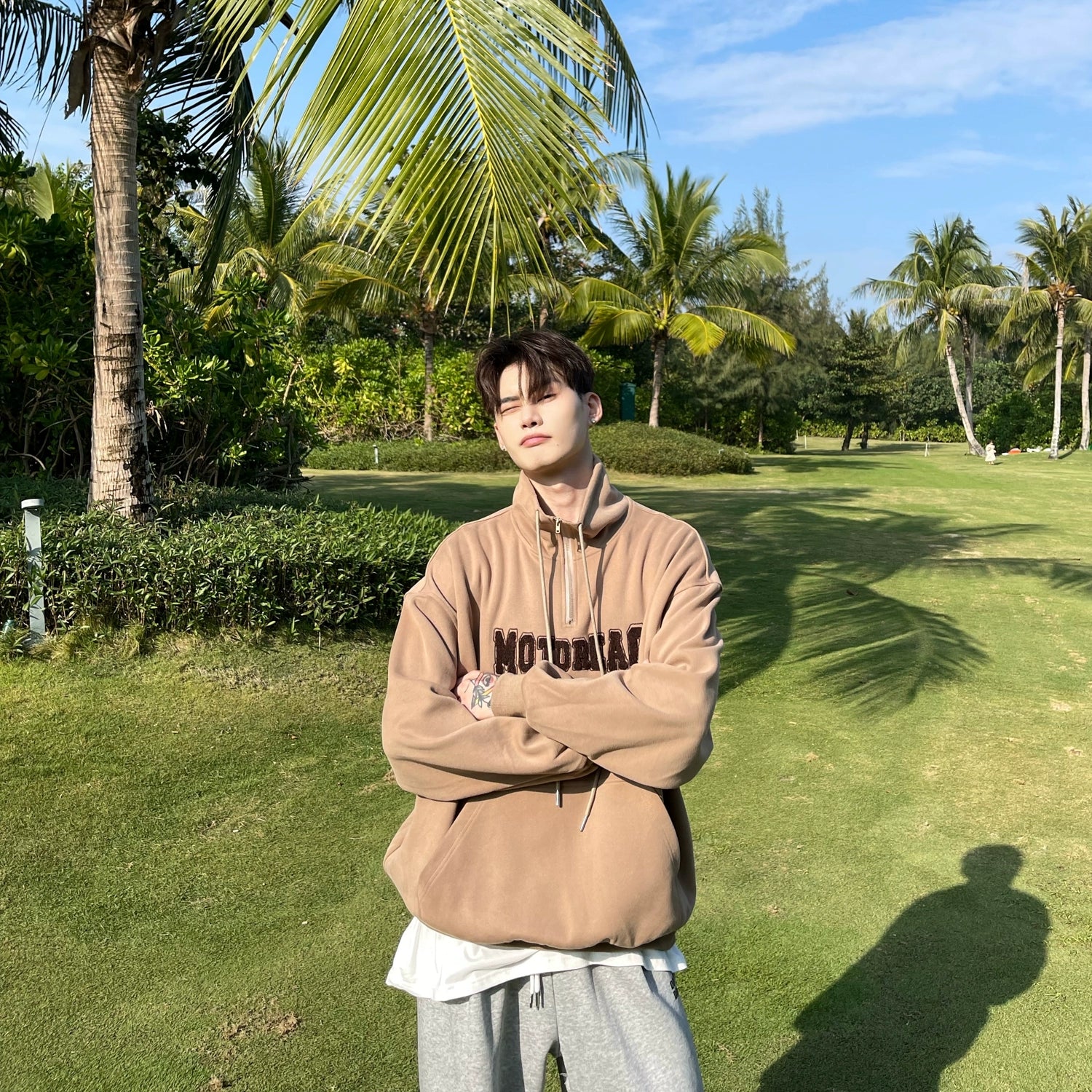 Quarter-Zip Mock Neck Sweatshirt with Embroidered Text