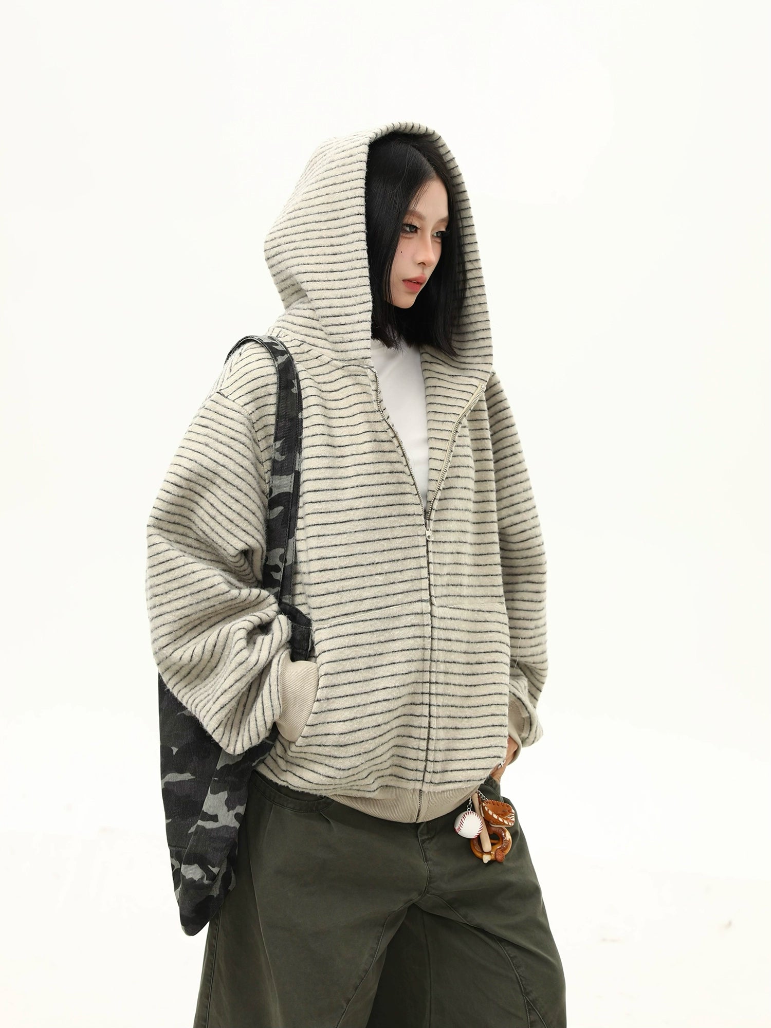 Oversized Striped Fleece Zip-Up Hoodie