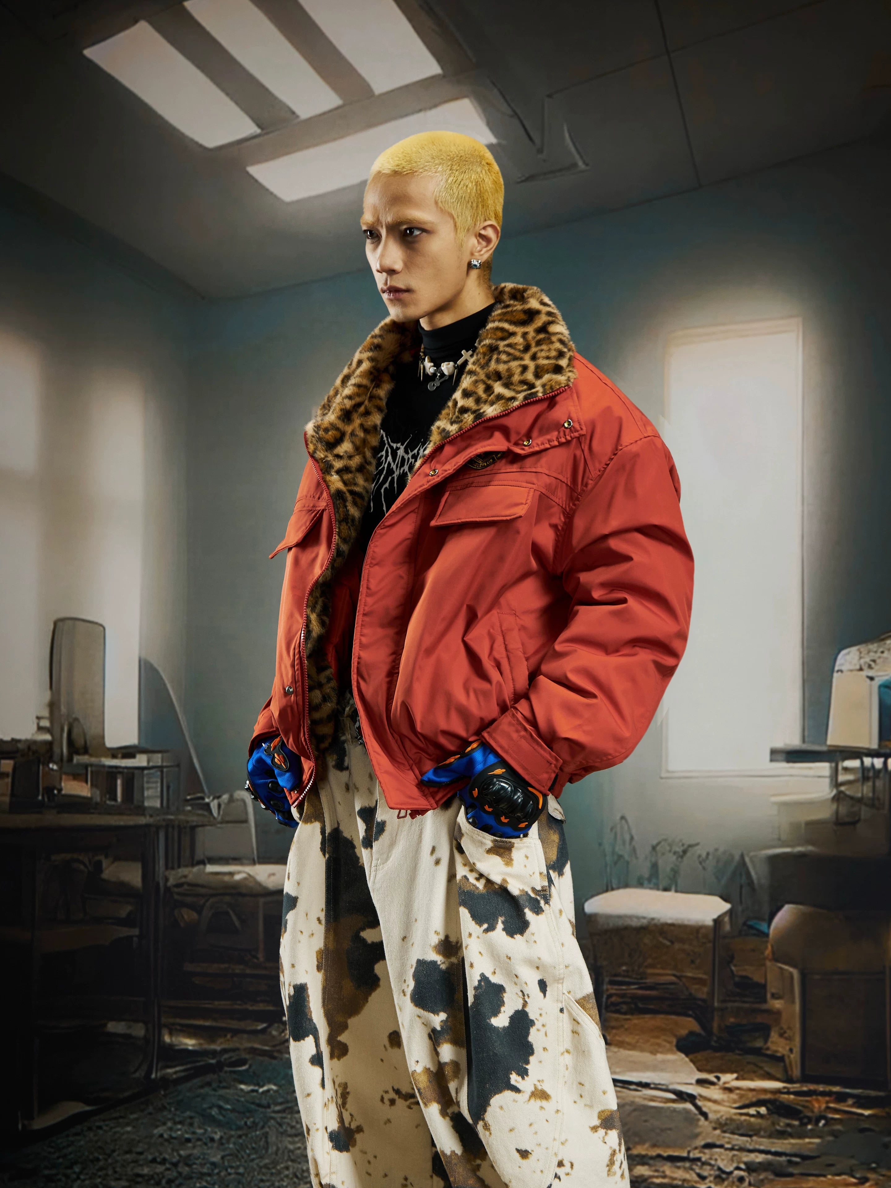 Ember Prowl Leopard‑Collar Bomber Jacket