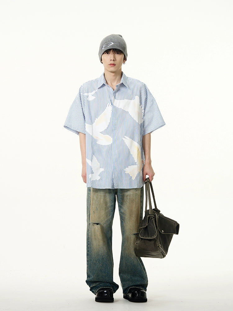 Striped Dove Print Button Up Shirt
