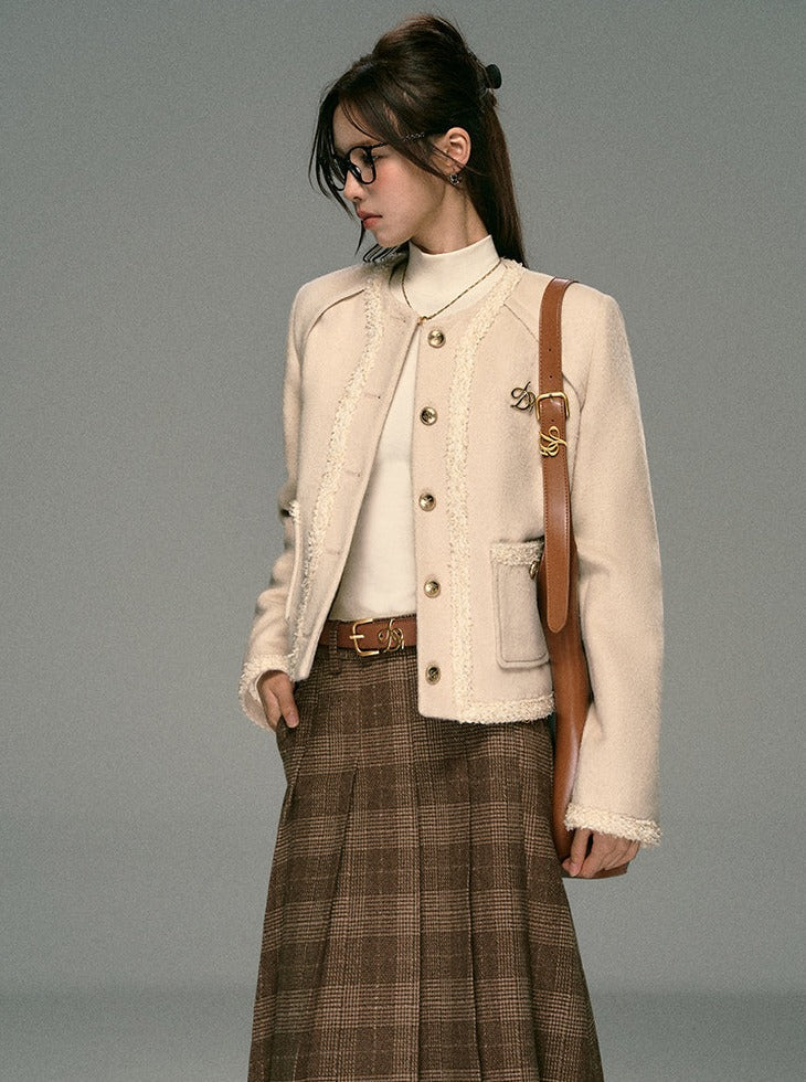 Classic Tweed Cropped Jacket: Beige Button-Front Blazer with Frayed Edges and Gold Logo Pin