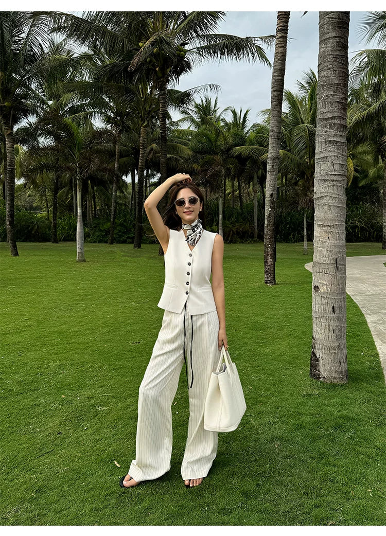 Pinstripe Drawstring Wide Leg Pants