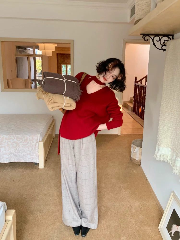 Gray Plaid High Waist Wide Pants