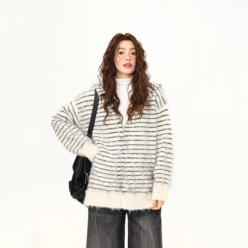 Frost Whisker Fuzzy Stripe Zip Cardigan