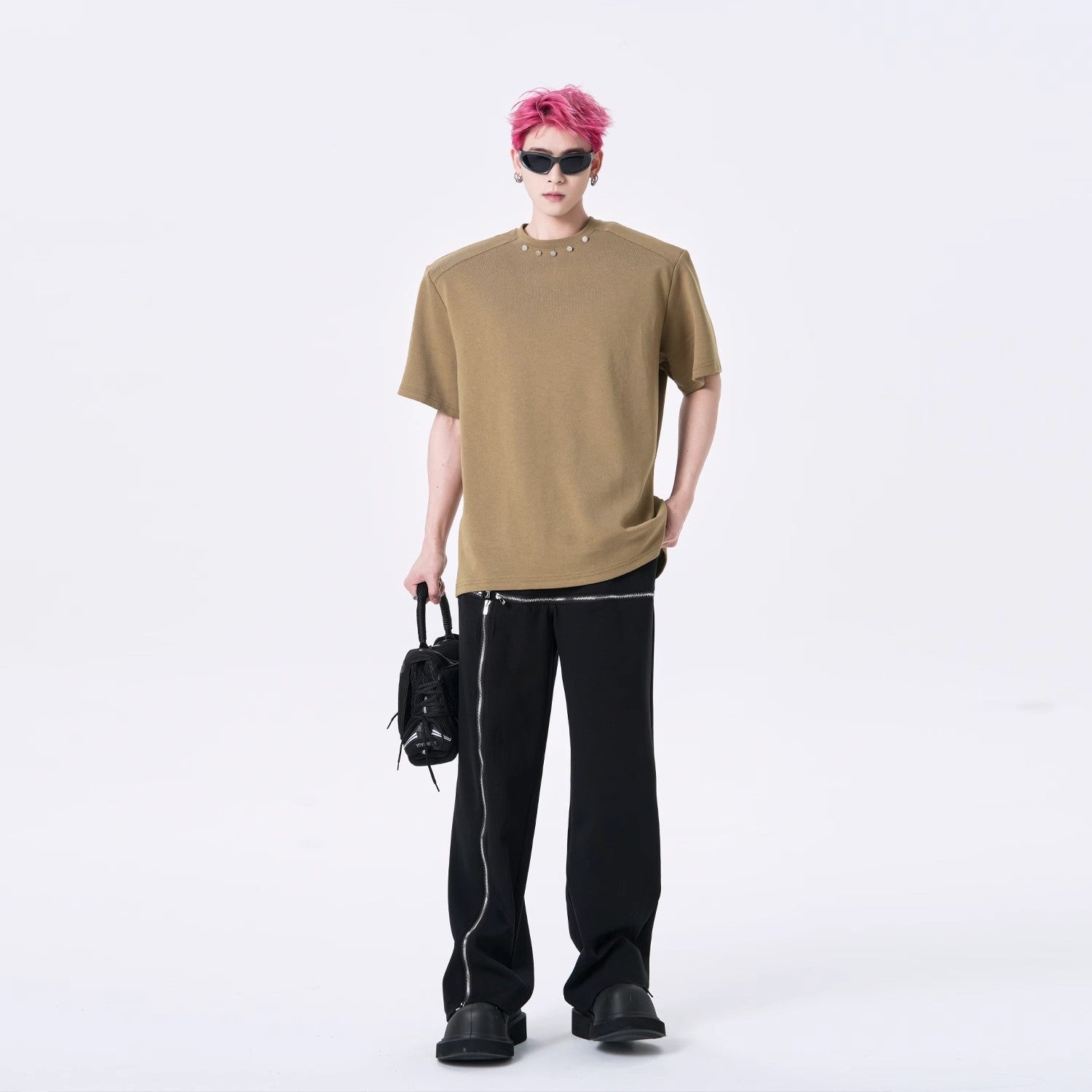 Oversized T-Shirt with Metal Button Neckline Detail