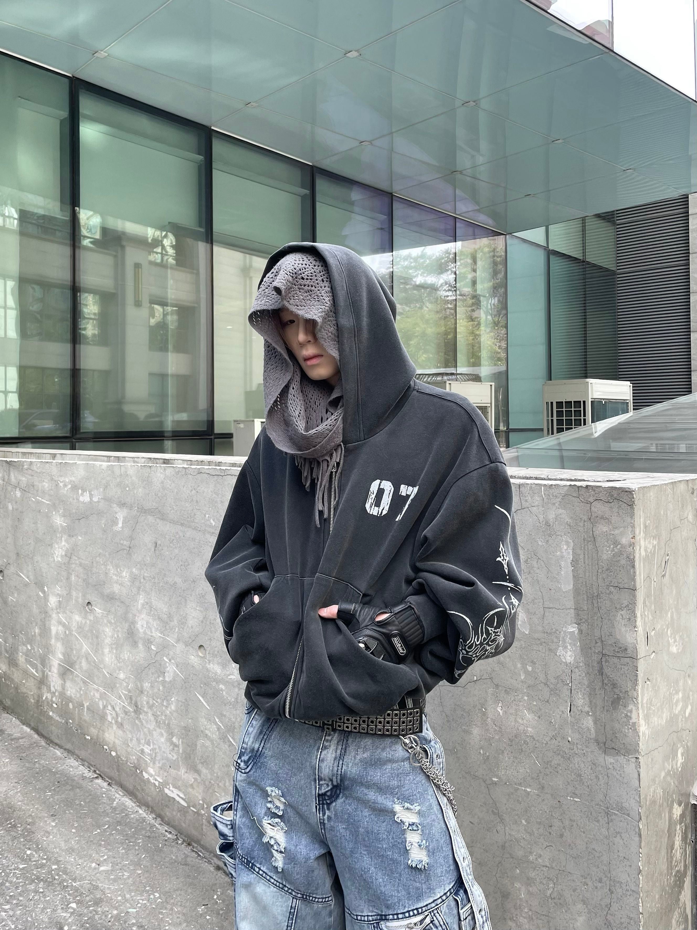 Charcoal "07" Graphic Zip-Up Hoodie