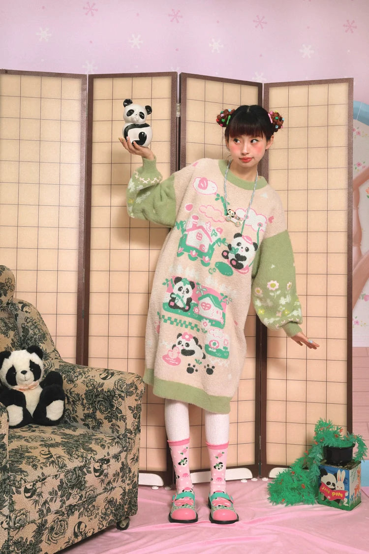 Spring Panda Garden Sweater Dress