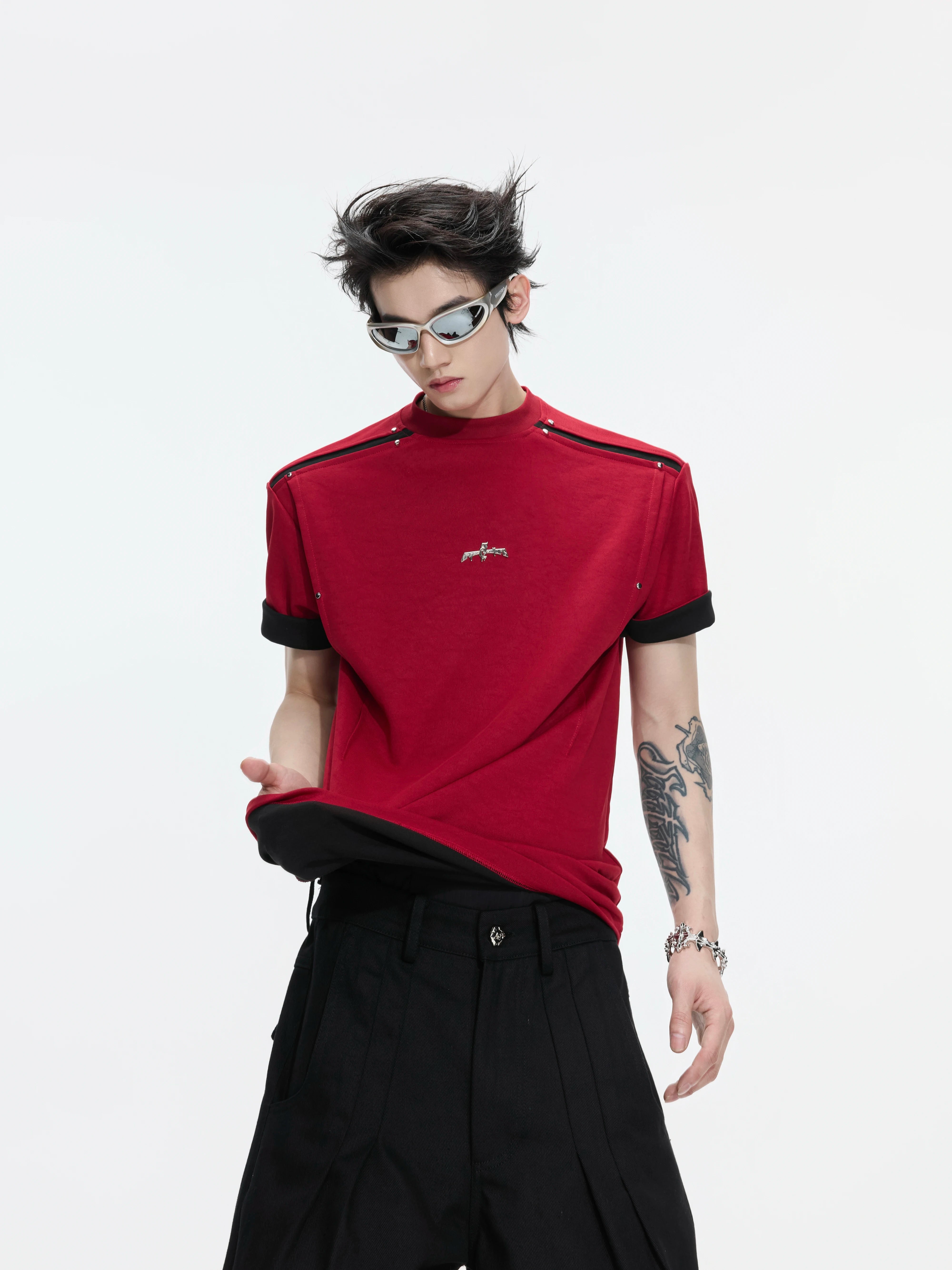 Contrast Trim Studded Shoulder T-Shirt