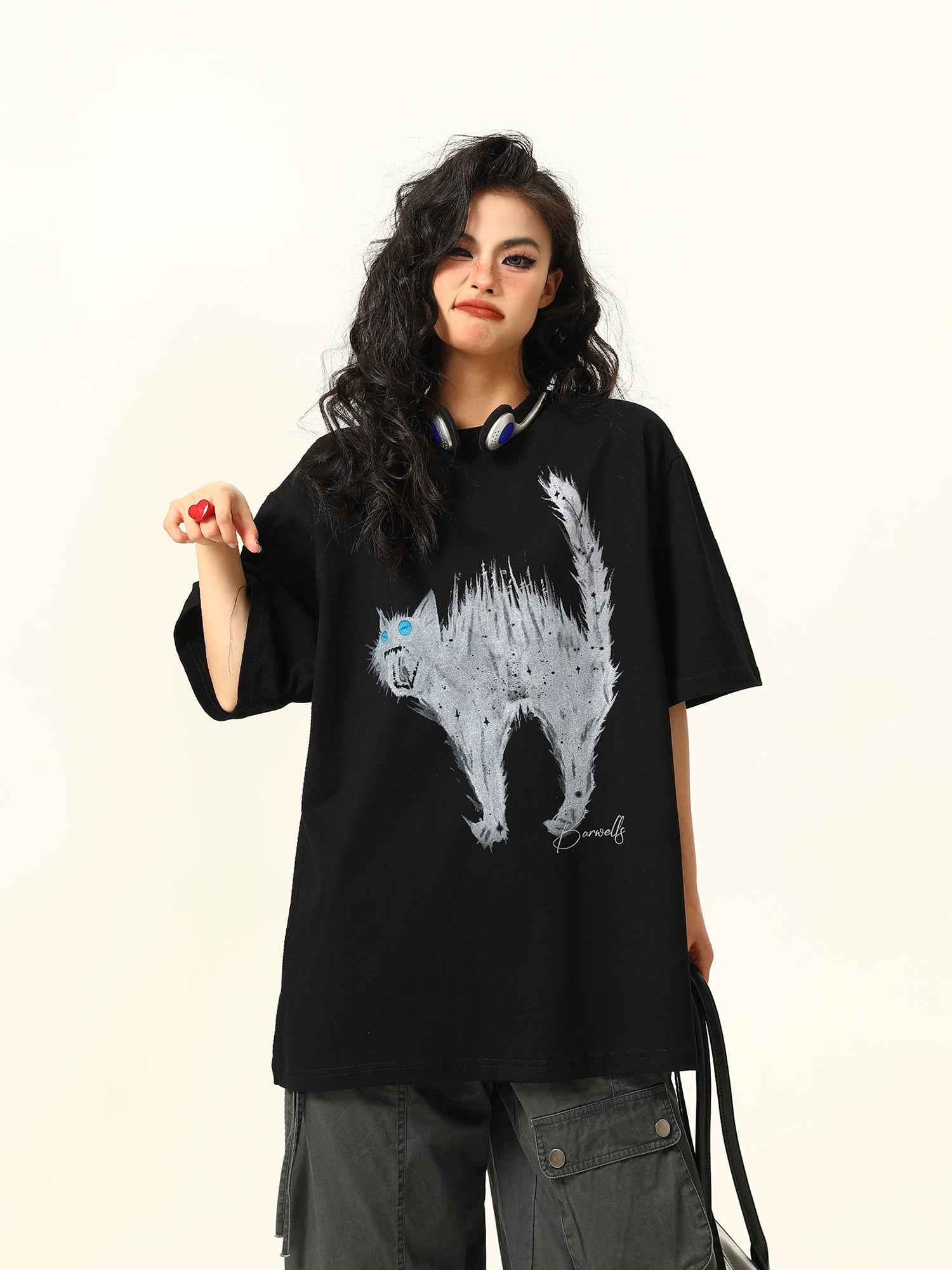 Oversized Tee with Cat Graphic