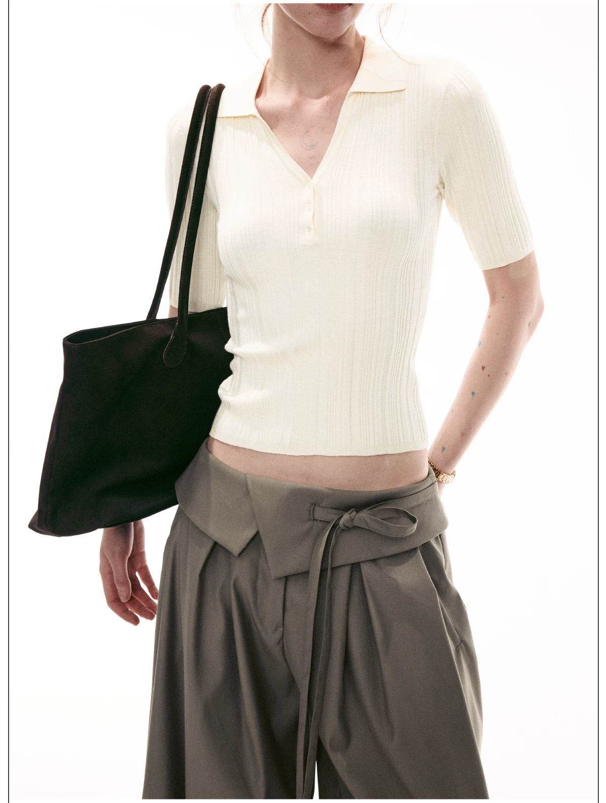 Stone Sonata Ribbed Polo Knit Top