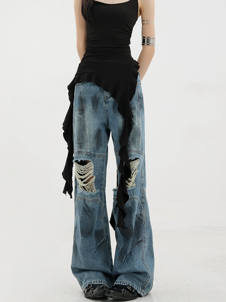 Vintage Distressed And Dirt-Dyed Patchwork Wide-Leg Jeans - chiclara