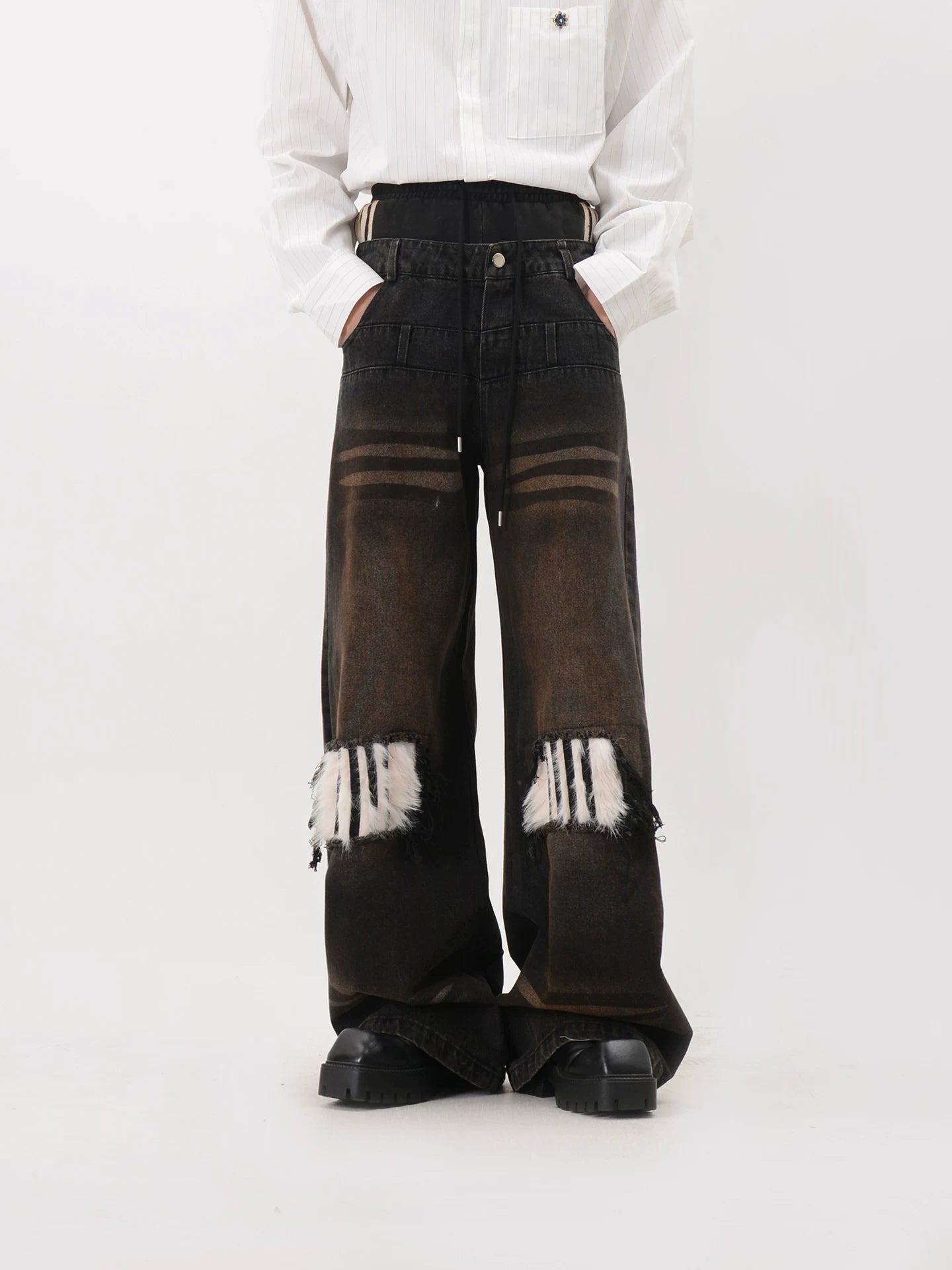 Faux Fur Patch Wide Leg Jeans