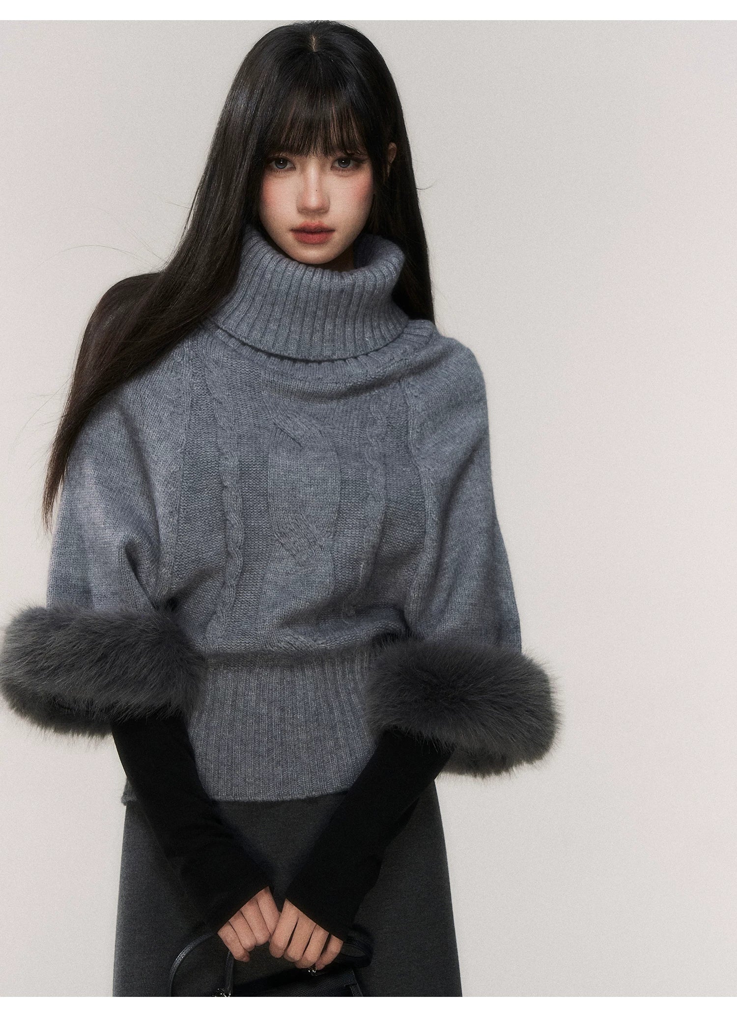 Frosted Whisper Fur-Cuff Turtleneck Sweater
