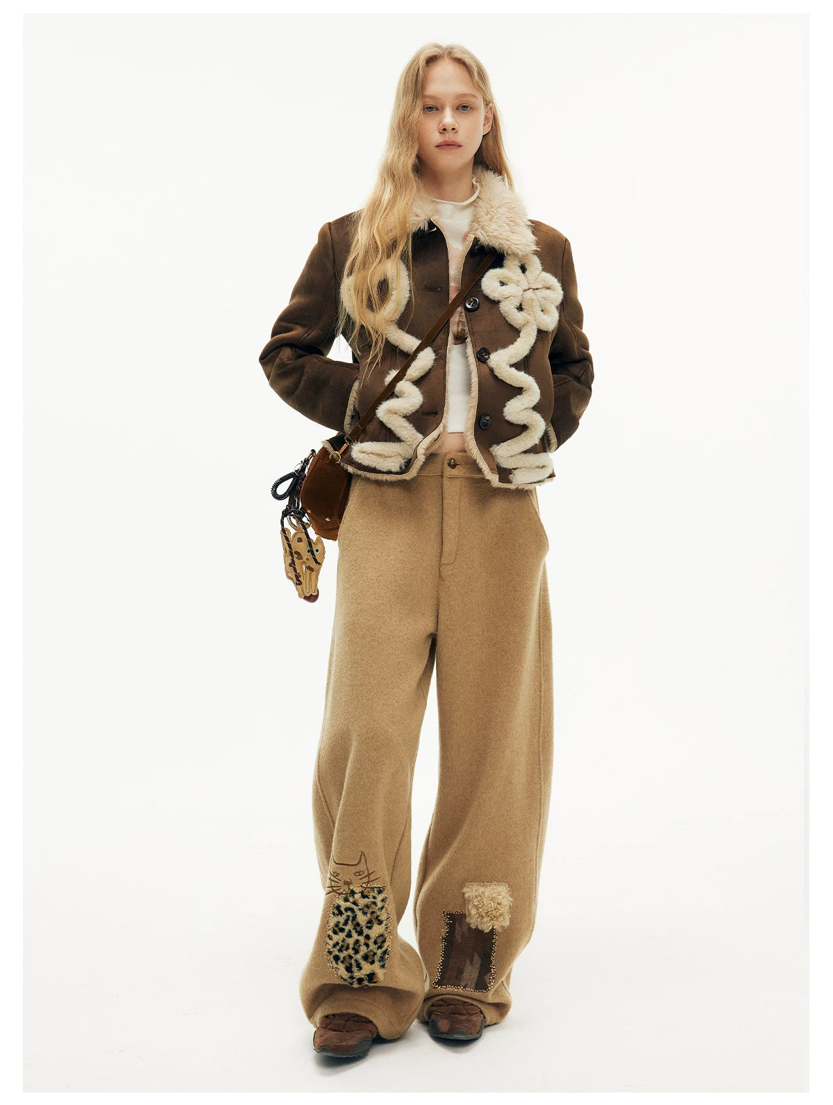 Leopard Pocket Kitty Patch Wide‑Leg Pants