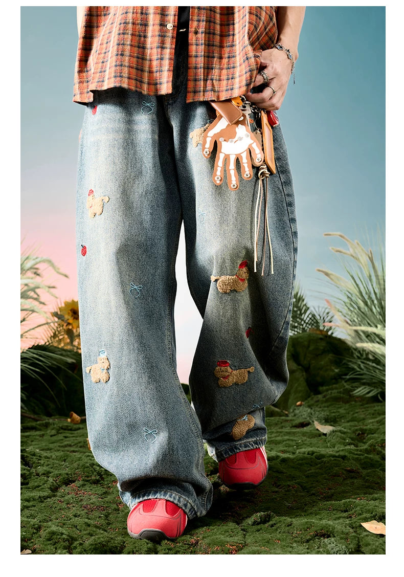 Embroidered Dog Patch Baggy Jeans