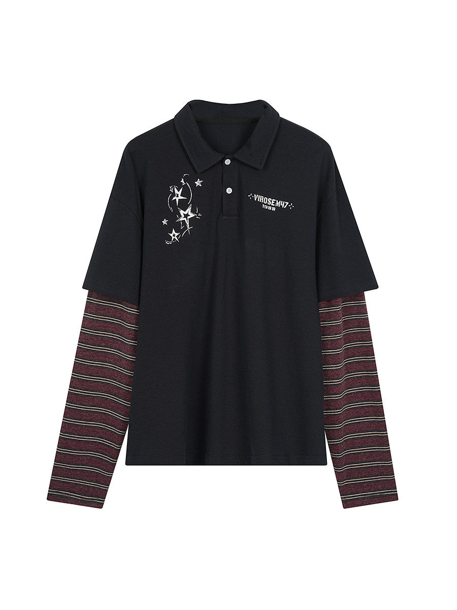 Men's Star-Embroidered Layered Long-Sleeve Polo Shirt