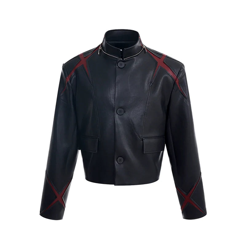 Black PU Leather Moto Jacket with Red X Details