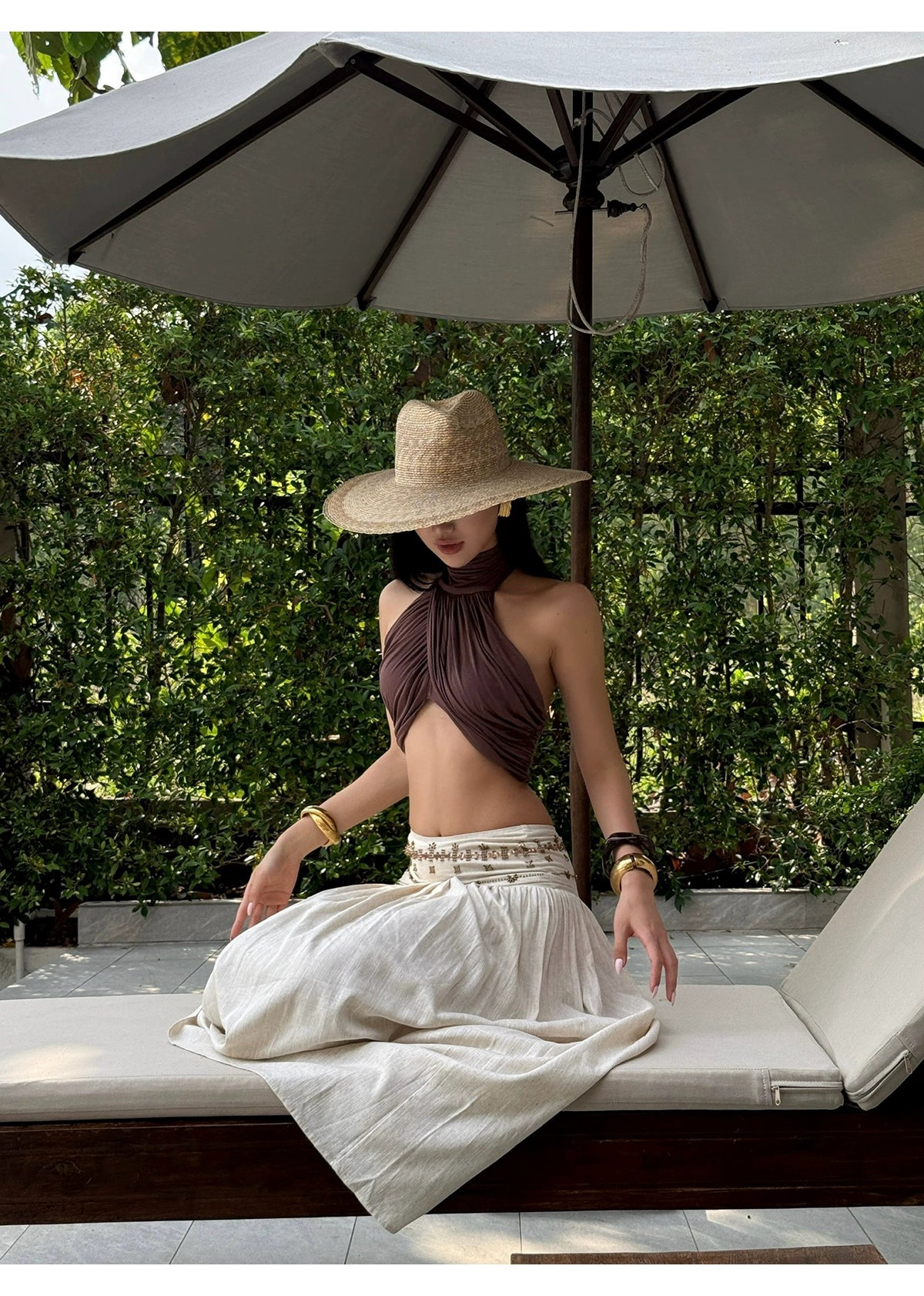 Brown Halter Neck Cut-Out Crop Top