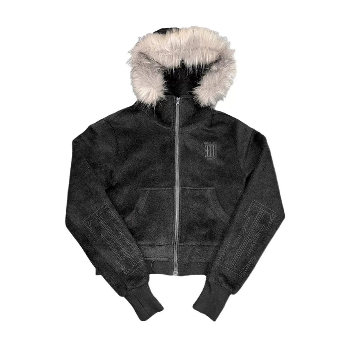 Cross Coffin Gold Raccoon Fur Cropped Hoodie