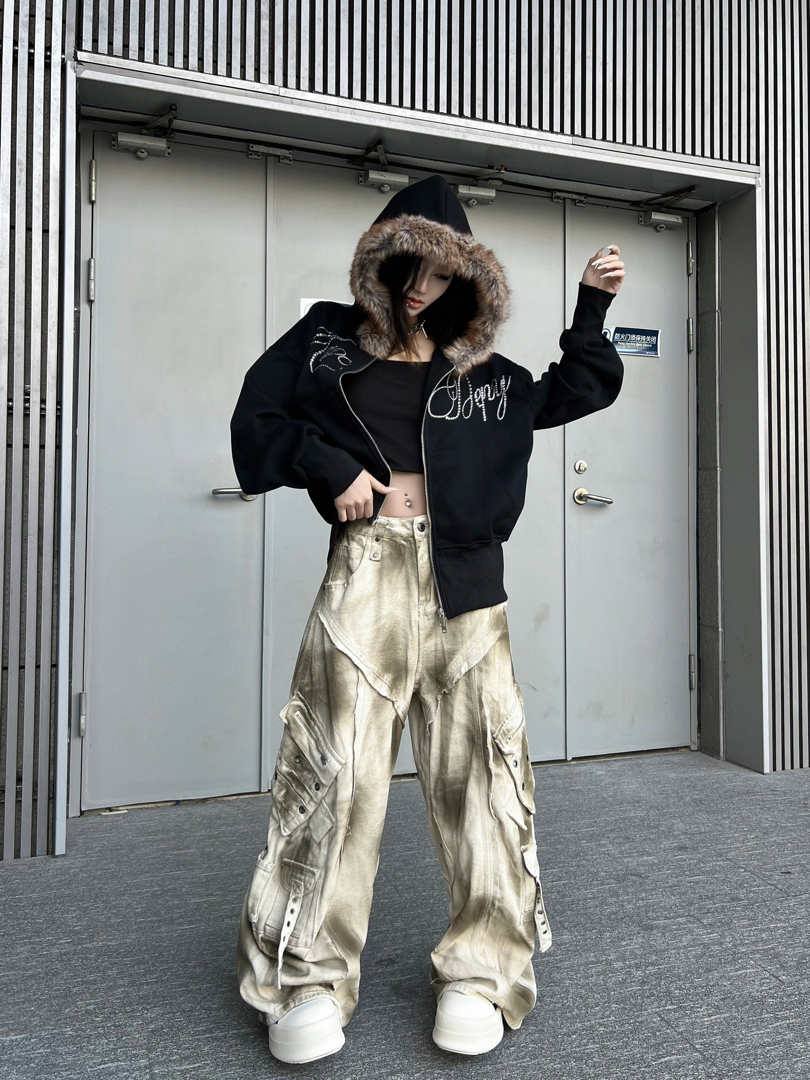 Men's Faux-Fur Hooded Rhinestone Letter Zip-Up Hoodie