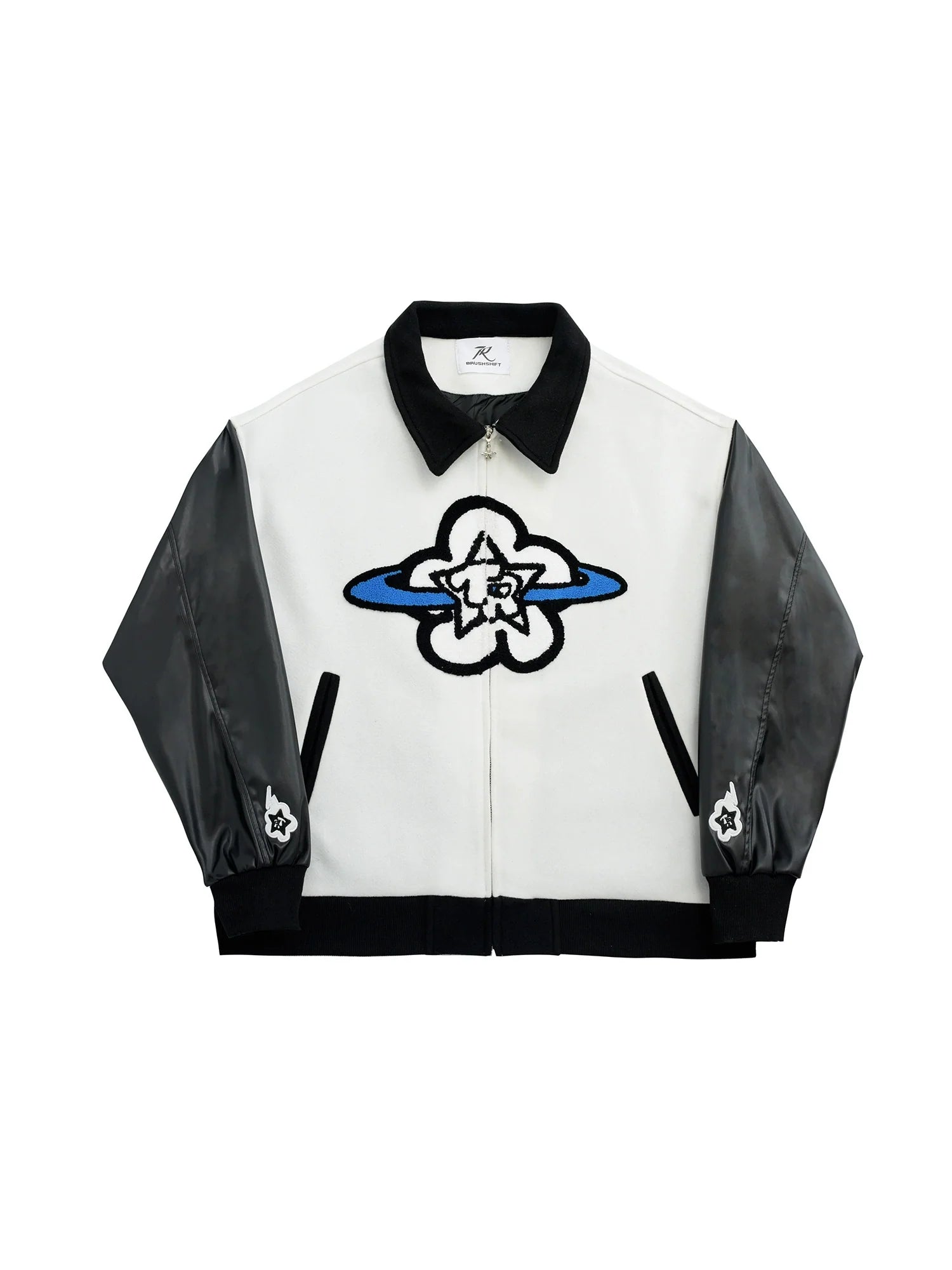 Men's Embroidered PU Patchwork Zip-Up Puffer Jacket