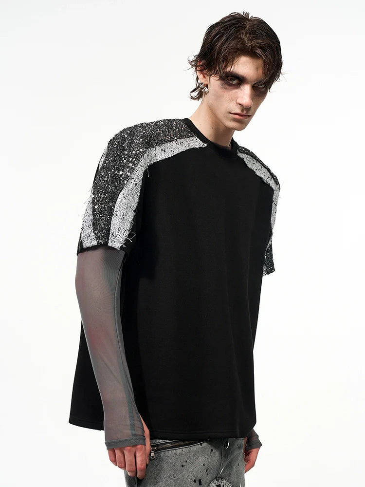 T-Shirt with Sequined Shoulder Detail and Mesh Sleeves