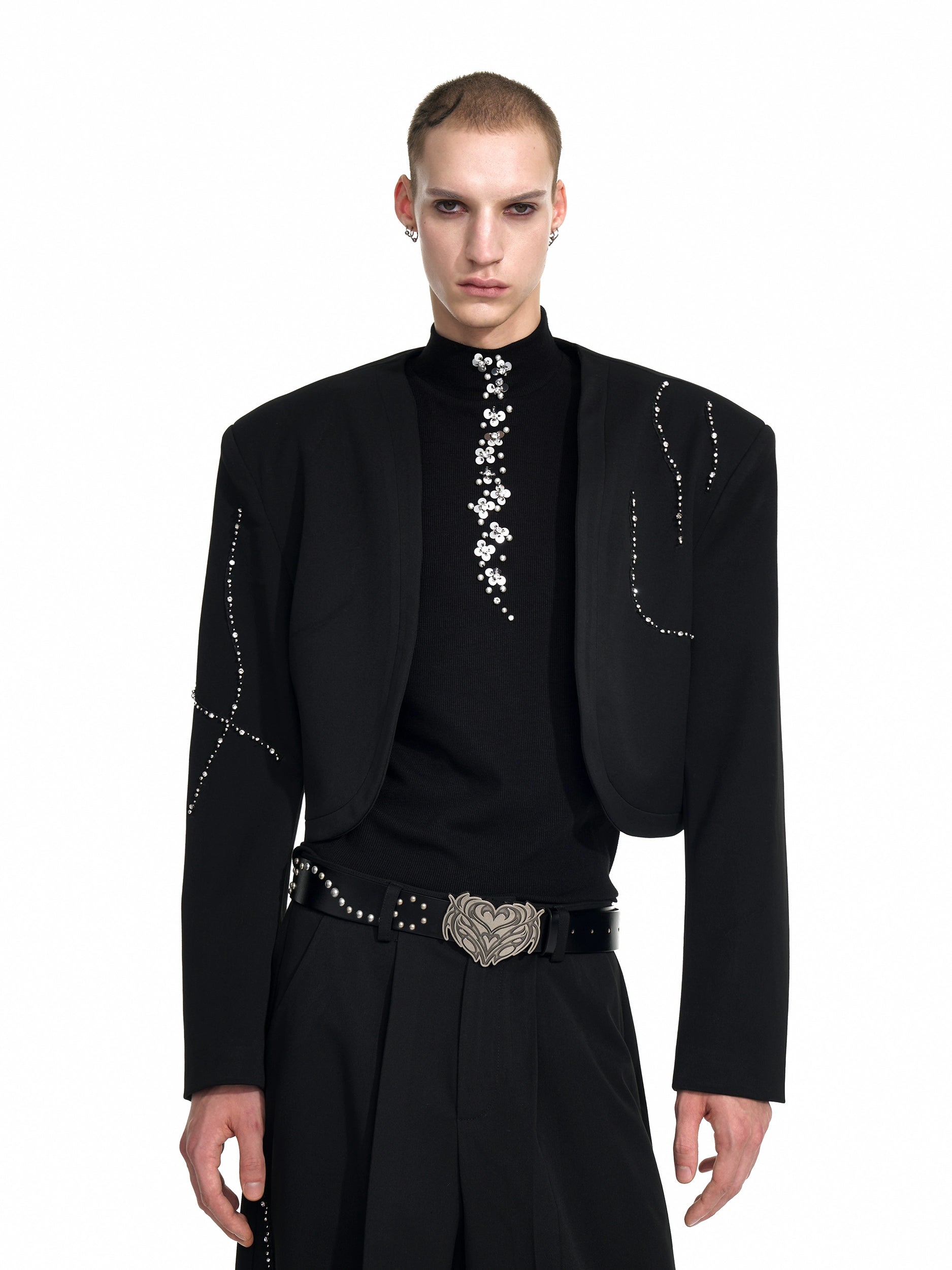 Black Cropped Blazer with Rhinestone Embellishments