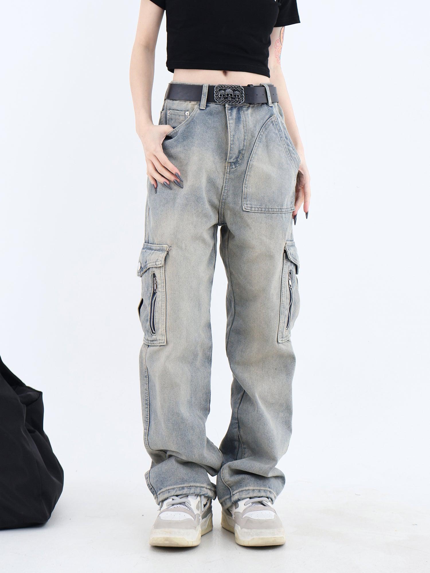 Vintage Wash Cargo Jeans with Multiple Pockets - chiclara