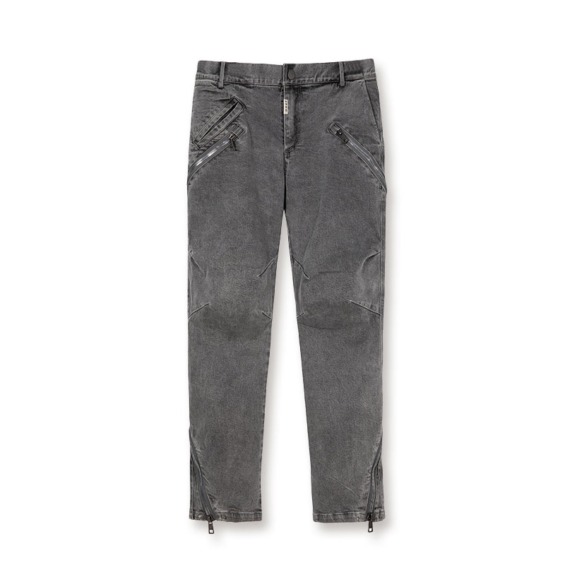Washed Slim Zipper Patchwork Denim Jeans - chiclara