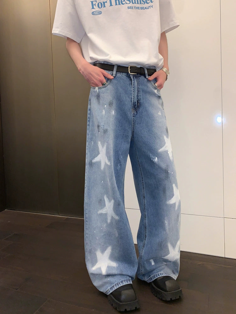 Wide-Leg Denim Jeans with White Star Print