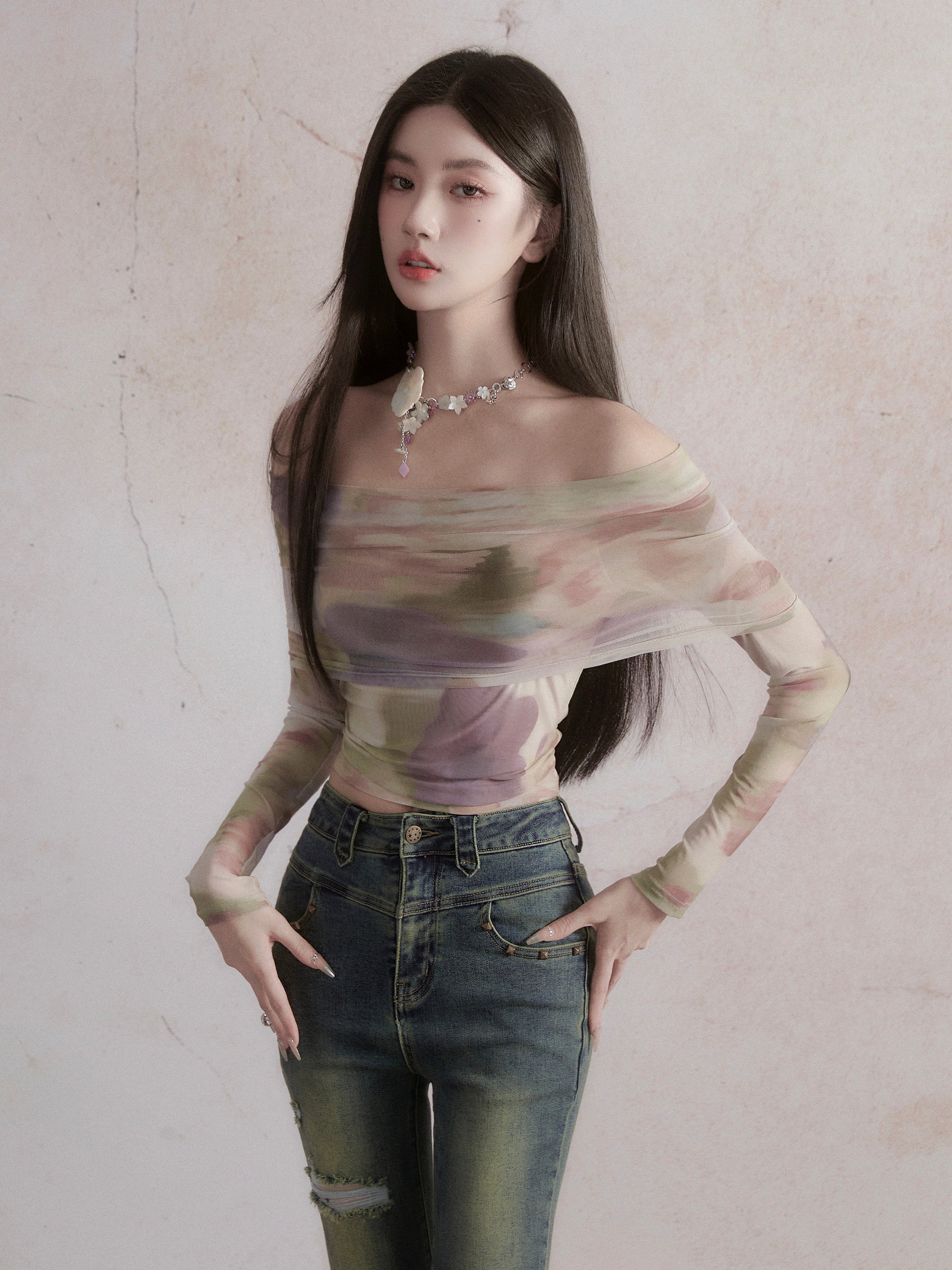 Watercolor Dream Off-Shoulder Crop Top