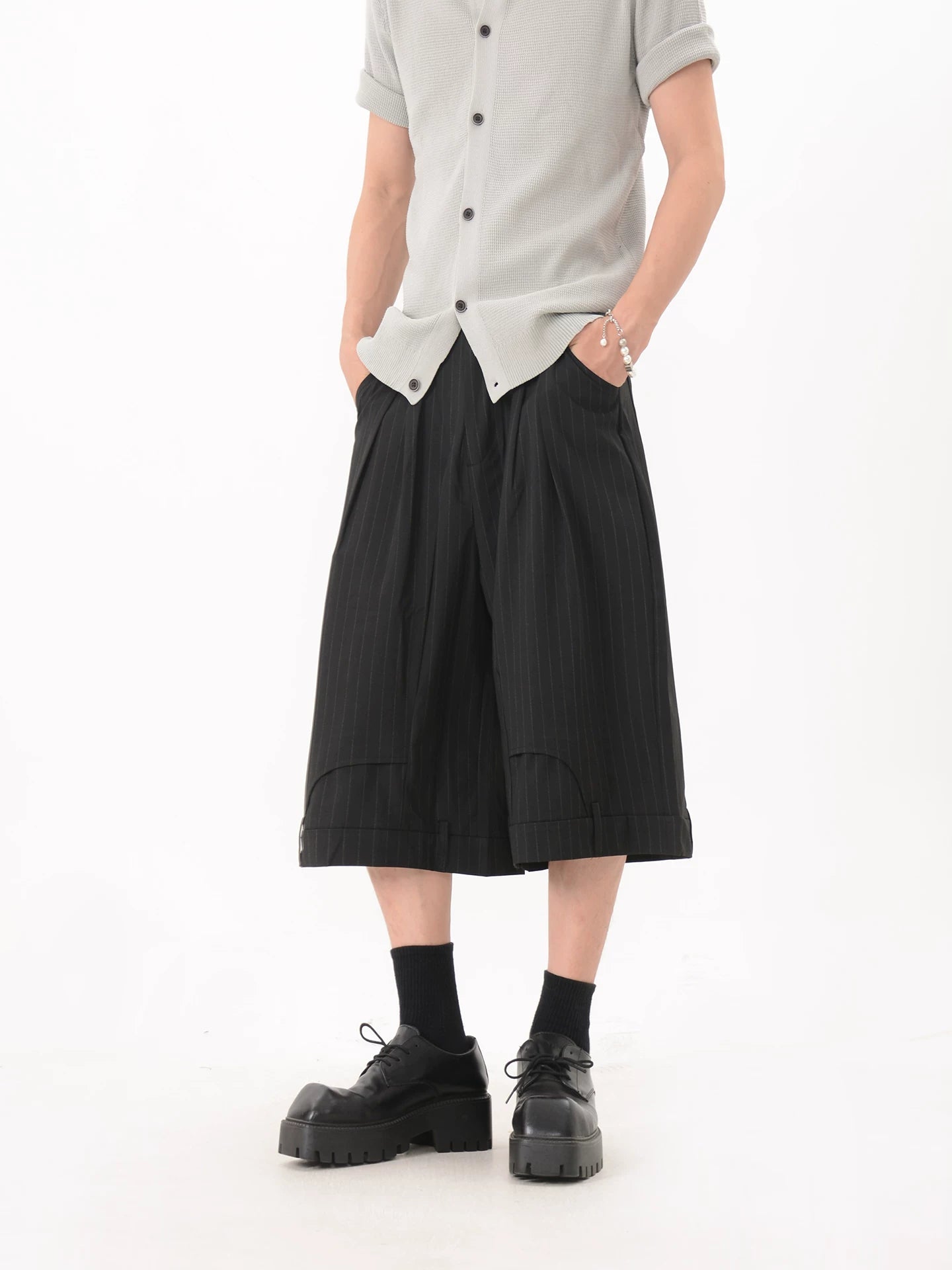 Pinstripe Pleated Wide Leg Culotte Pants